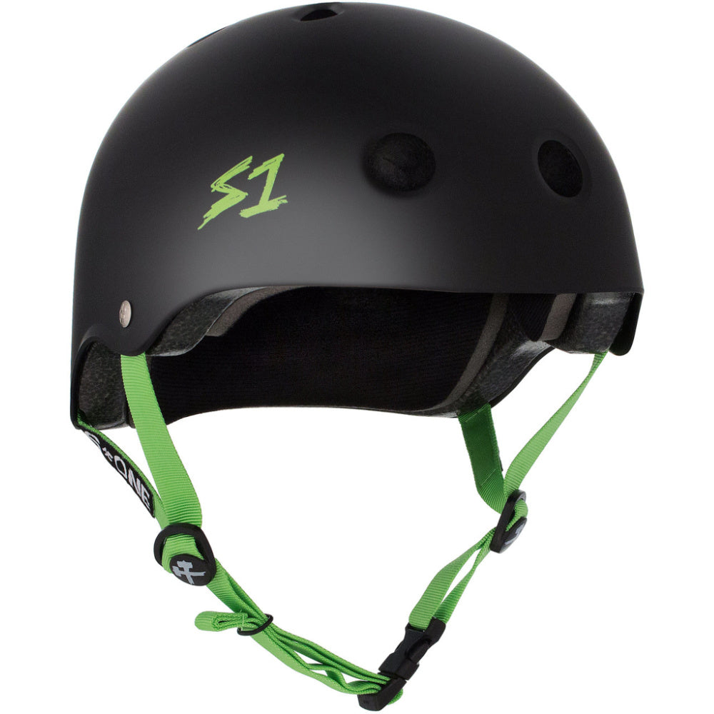 S One Lifer Helmet - Matte Black with Green Straps - Certified Skateboard & Bike Helmet for Adults & Youth - Perfect for Skateboarding, BMX, and Scooter Riding