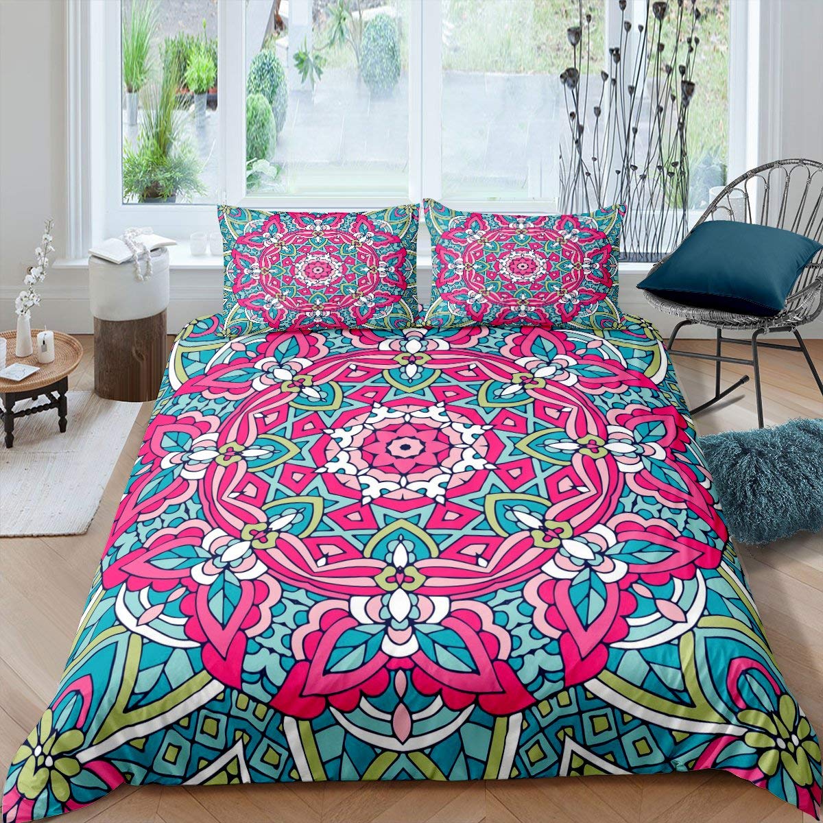 Boho Mandala Duvet Cover Set - Bohemian Printed Comforter Cover for Kids, Boys, Girls & Women - Exotic Floral Decor Bedding with Gradient Blue Red Design - Includes 2 Pillowcases (3Pcs Full Size) - Perfect for Bohemian Bedroom Decor, Kids Room Makeover & Unique Gift Ideas