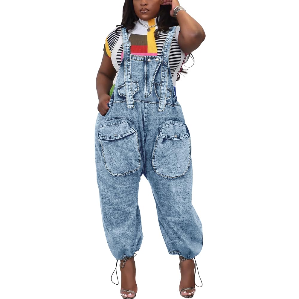 HTD Women's Bib Denim Overalls - Loose Fit Wide Leg Jean Jumpsuit with Cargo Pockets | Casual Outfit for Streetwear, Workwear & Outdoor Activities
