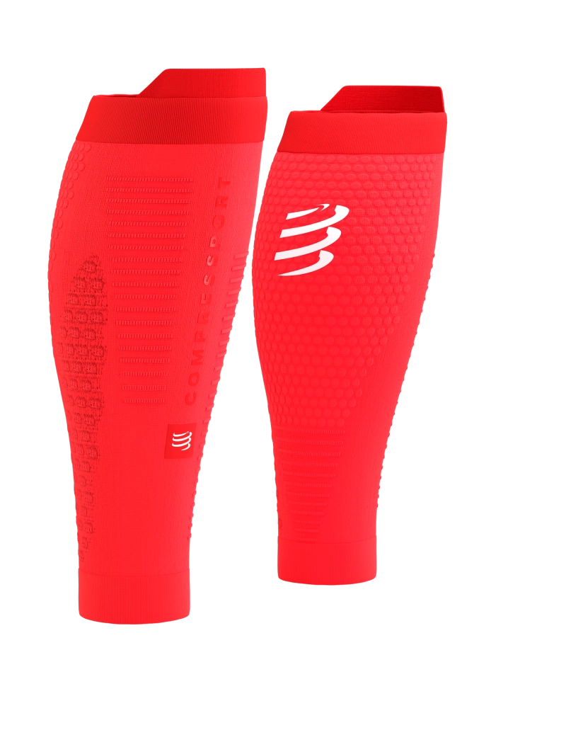 Compressport Unisex R2 3.0 Calf Sleeves - High Performance Compression Leg Sleeves for Running, Cycling & Recovery - Fluorescent Red/White with Reflective Strips - Ideal for Marathon, Workout & Sports Recovery