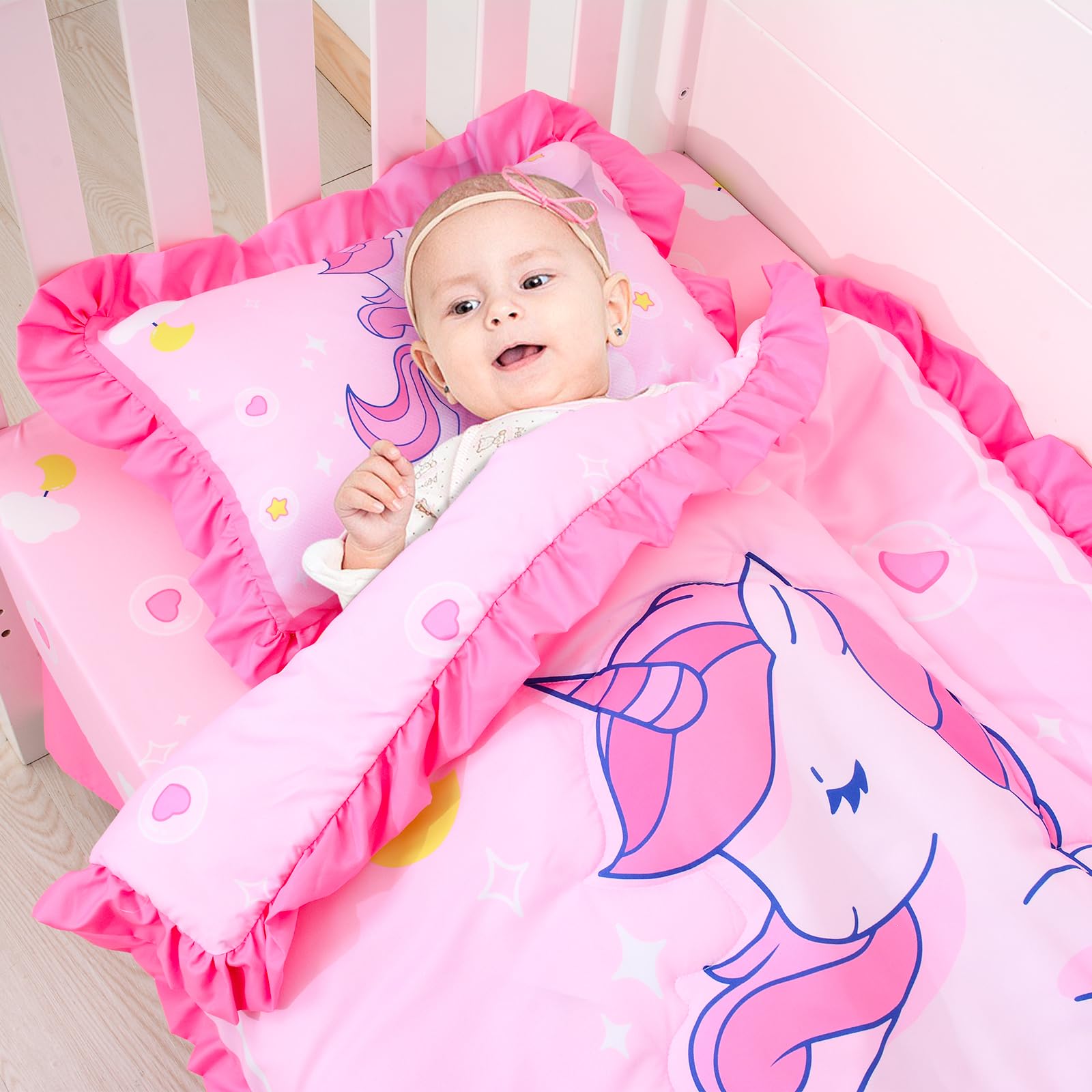 UOMNY 4-Piece Unicorn Crib Bedding Set for Baby Girls - Soft Comforter, Crib Sheet, Skirt & Pillowcase - Perfect for Nursery Decor & Newborn Gifts