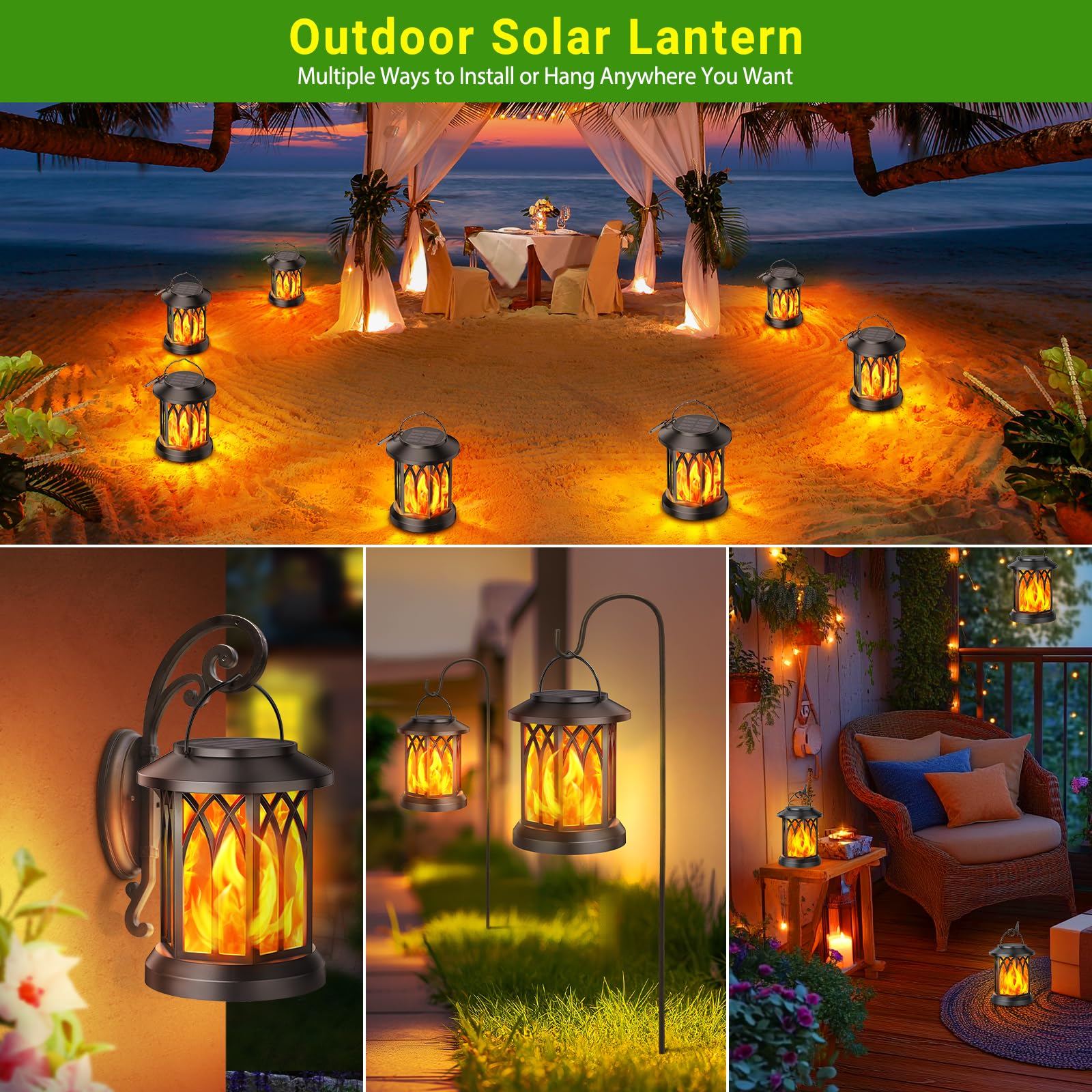 KOOPER 4 Pack Solar Lantern Outdoor Lights - Waterproof Flickering Flame Solar Lanterns for Yard, Garden, Patio & Pathway Decor | Solar Powered Hanging Lights for Outdoor Camping, Parties & Romantic Ambience