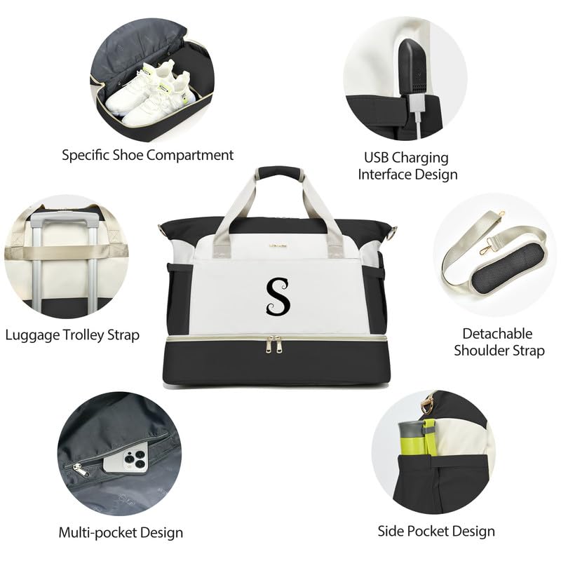 Personalized Initials Women's Travel Duffel Bag with Shoes Compartment & USB Charging Port - Gym Yoga Weekender Overnight Bag for Women - Perfect for Travel, Workouts, Yoga Classes and Weekend Getaways in Beige
