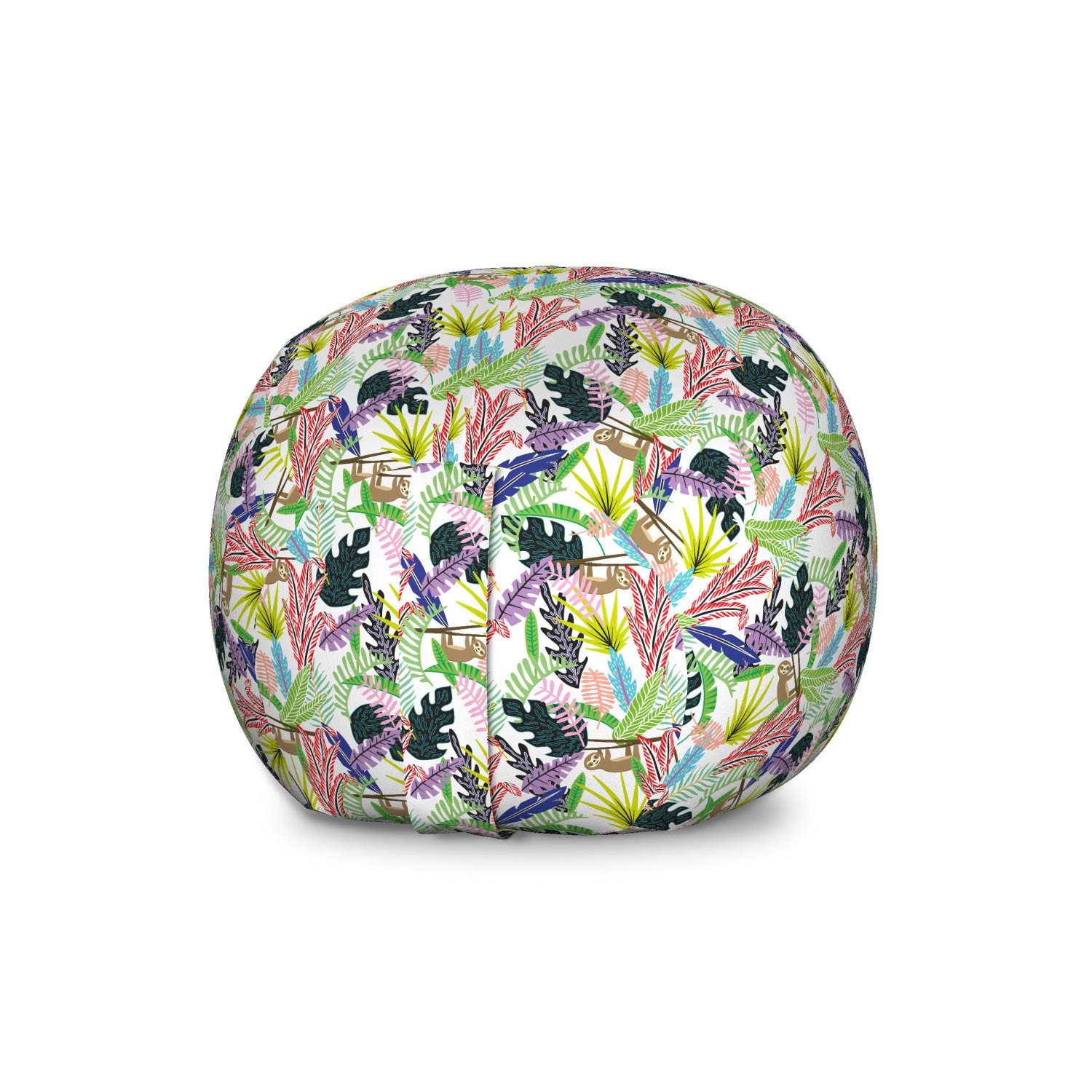Ambesonne Funny Sloth Storage Toy Bag Chair - Large Washable Stuffed Animal Organizer with Monstera & Tropical Leaf Design - Perfect for Kids' Room, Playroom & Nursery Organization (Green/White)