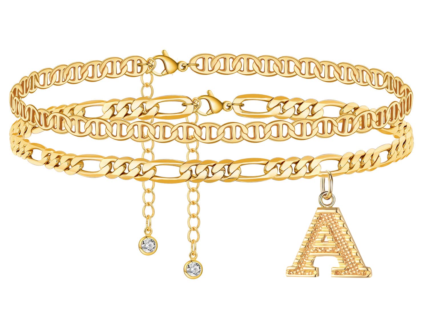 18K Gold Filled Initial Anklet for Women - Layered Cuban Chain Link Bracelet with Letter Charm, Figaro Mariner Chain Beach Jewelry | Perfect for Summer Vacation, Beach Parties and Everyday Wear