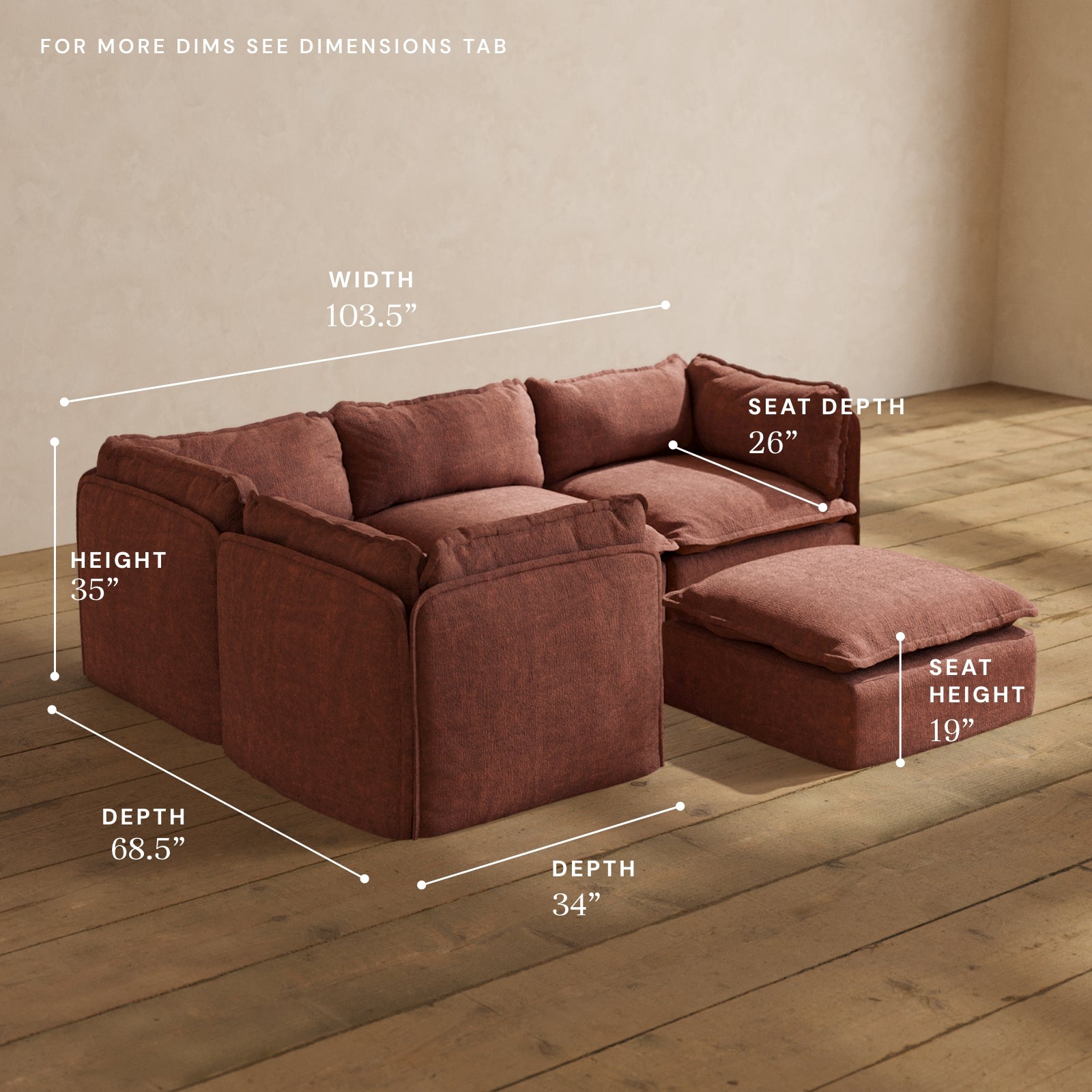 Modular Performance 4-Seater Corner Sectional Sofa with Ottoman in Chestnut Brown | Premium Fabric Blend | Perfect for Living Room, Family Room & Home Theater