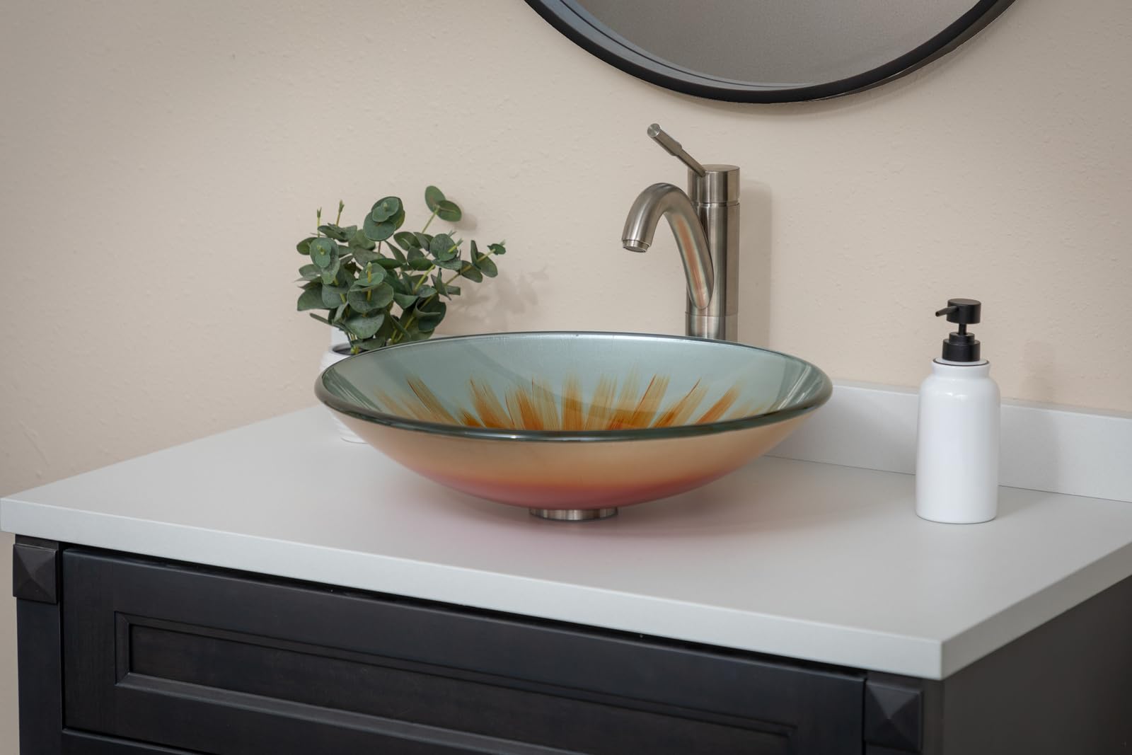 Orange Flower Blossom Large Round Glass Vessel Sink for Bathroom Vanity - Modern Freestanding Basin for Powder Room, Guest Bath & Master Suite