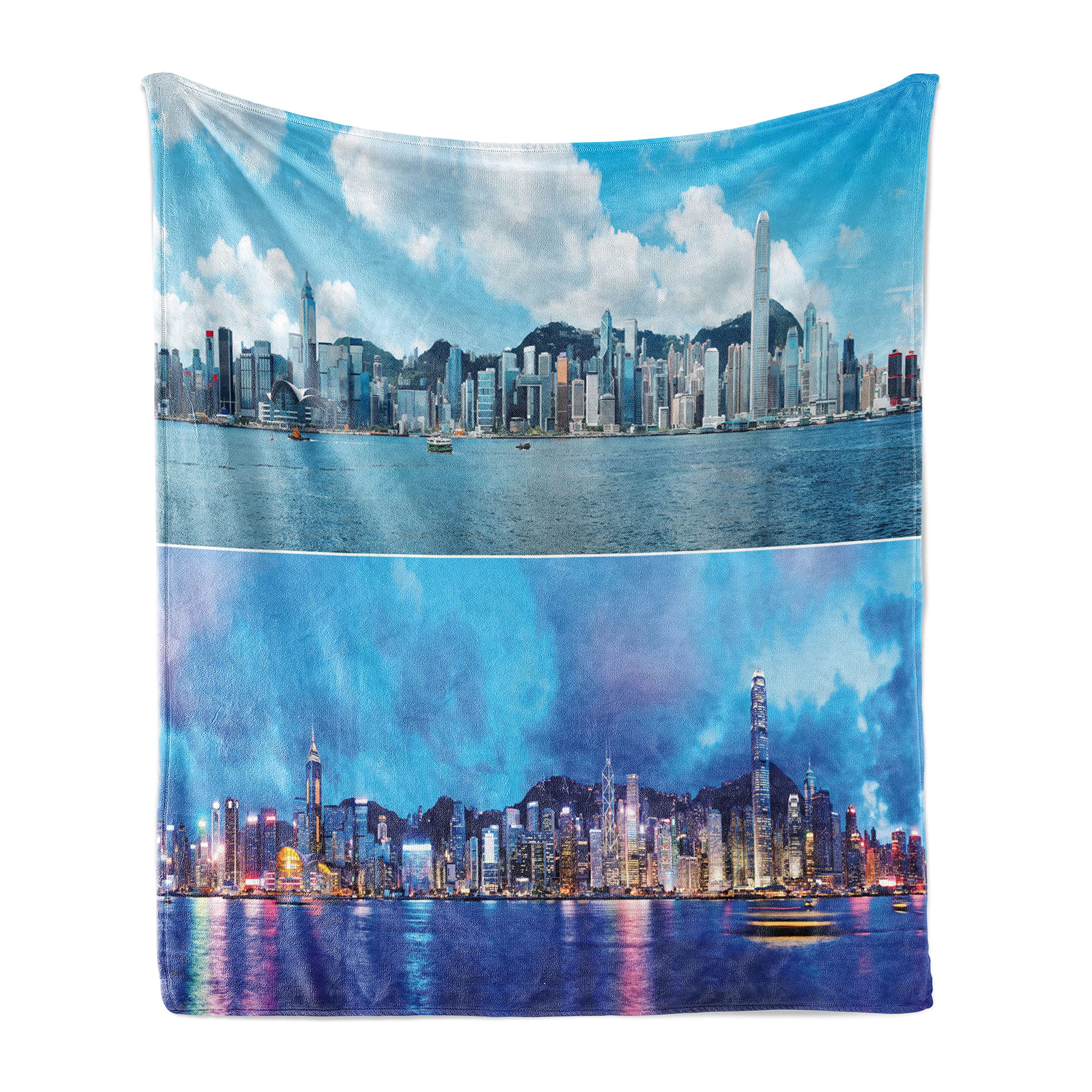 Ambesonne Urban Throw Blanket - Hong Kong City Skyline Art Print, Soft Flannel Fleece Blanket for Couch, Bed & Sofa, 70