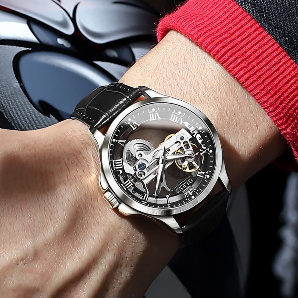 OLEVS Men's Automatic Skeleton Watch - Self-Winding Mechanical Dress Watch with Leather Strap, Waterproof & Luminous - Luxury Wristwatch for Business, Formal & Casual Wear