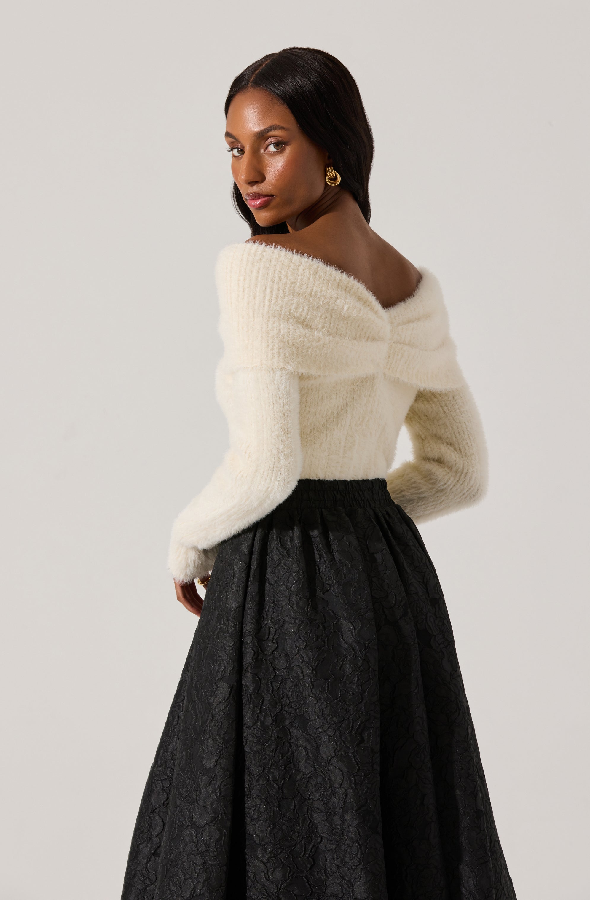 Cozy Fuzzy Knit Off Shoulder Sweater for Women - Soft Winter Pullover Casual Loungewear for Date Night & Coffee Dates