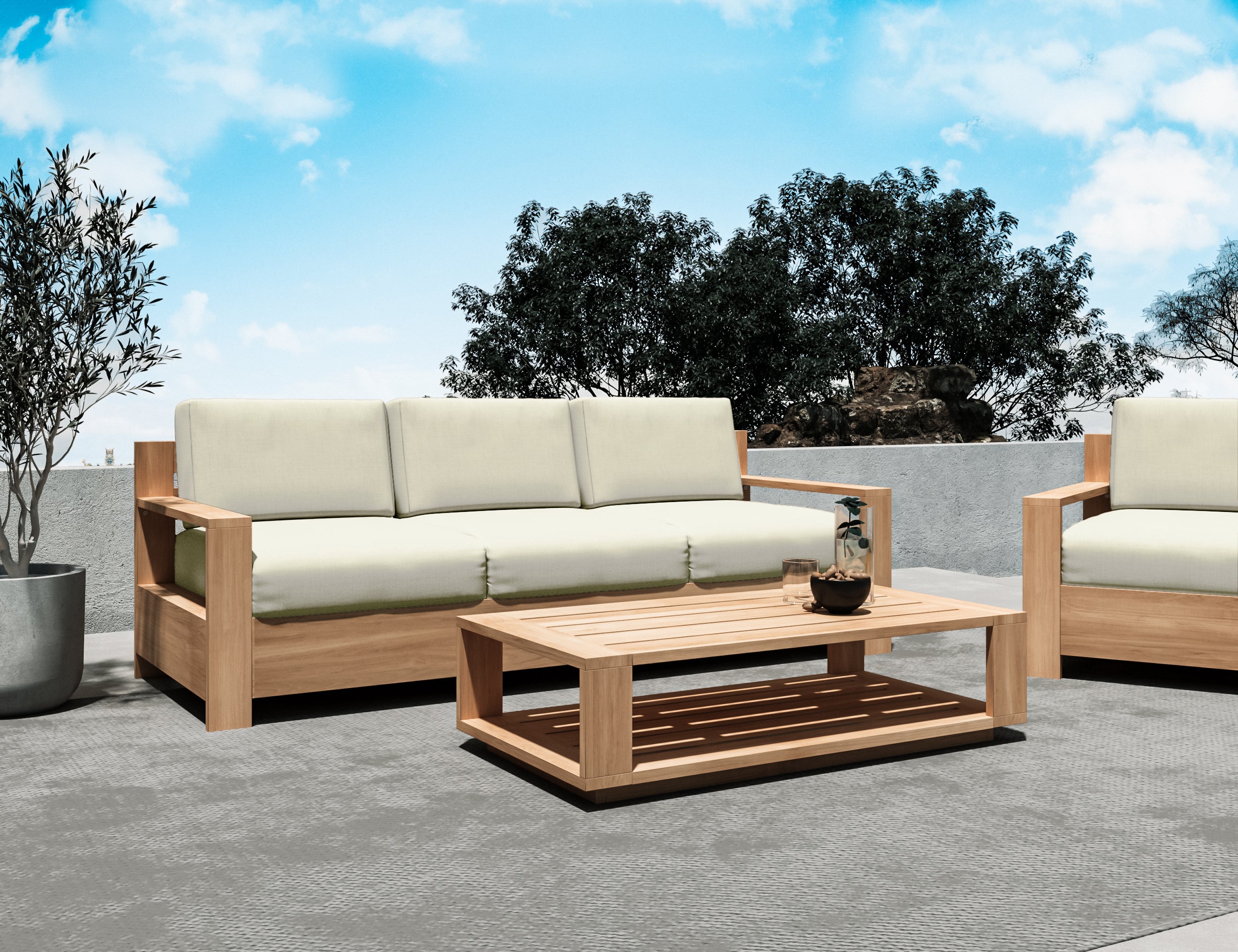Premium 3-Person Teak Outdoor Sofa with Sunbrella Canvas Cushion - Waterproof & Durable Patio Furniture for Garden, Poolside, and Backyard Relaxation