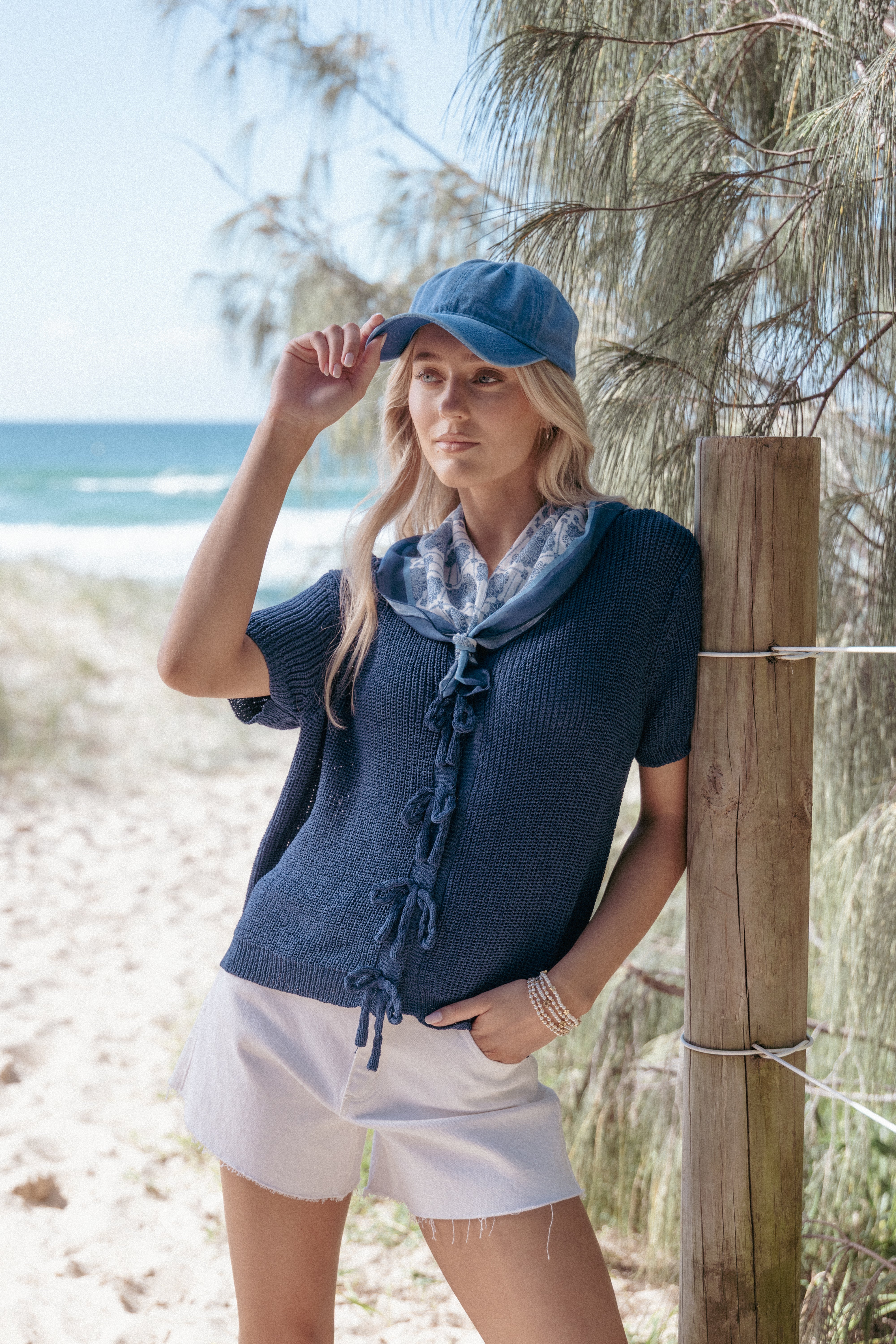 Gemma Short Sleeve Bow Cardigan Sweater for Women - Navy Blue Knit Open Front Cover Up | Perfect for Office, Date Night & Spring Layering