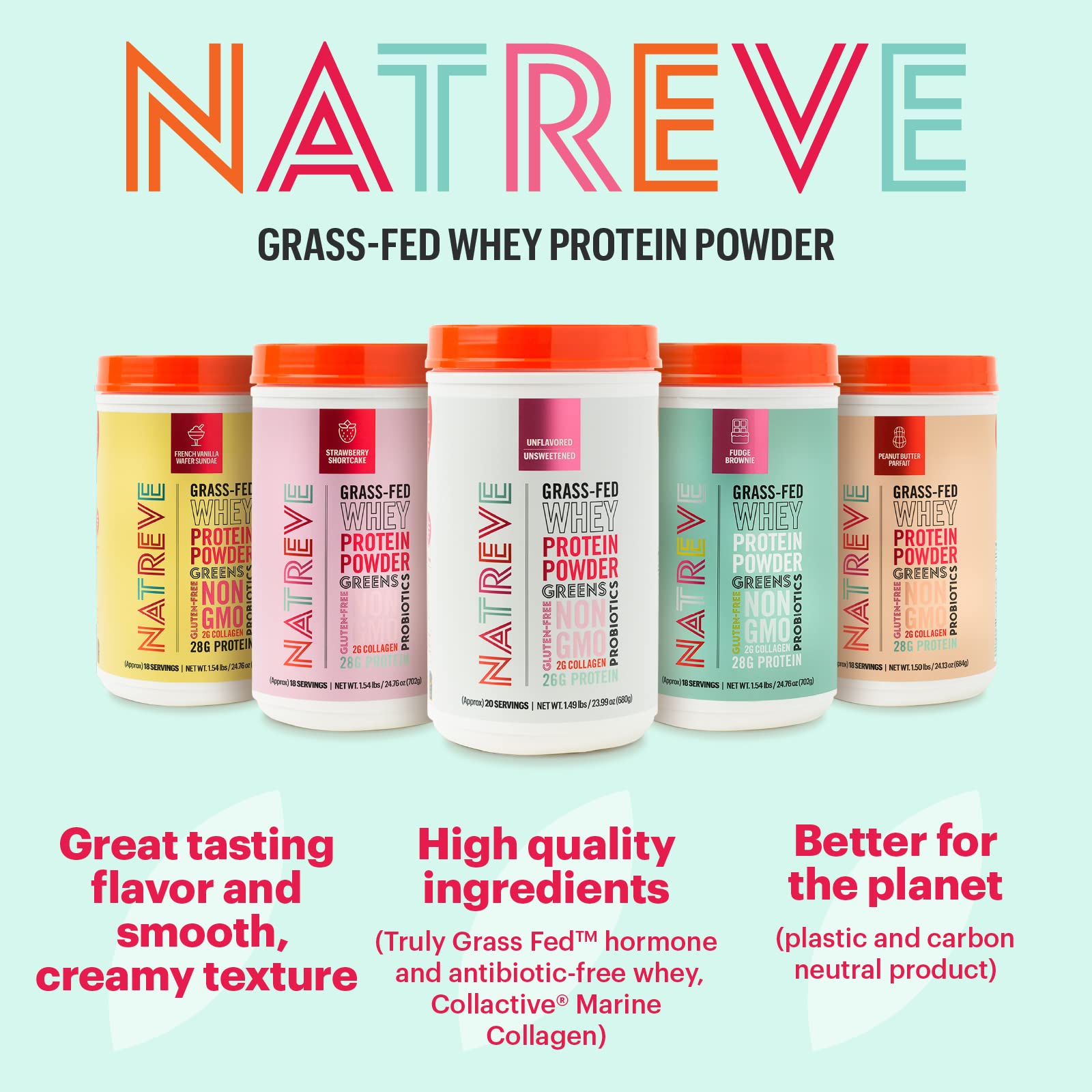Natreve Grass-Fed Whey Protein Powder - 26g Protein per Serving with Amino Acids, Probiotics & Collagen - Unflavored, Gluten Free, 20 Servings - Ideal for Post-Workout Recovery & Muscle Building