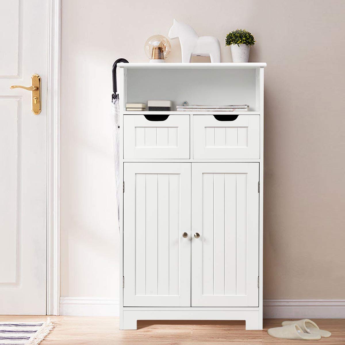 Tangkula White Bathroom Floor Cabinet with Open Shelf, 2 Doors & 2 Adjustable Drawers - Storage Organizer for Bathroom, Kitchen, Living Room & Home Office - Perfect for Towels, Toiletries & Home Decor Organization