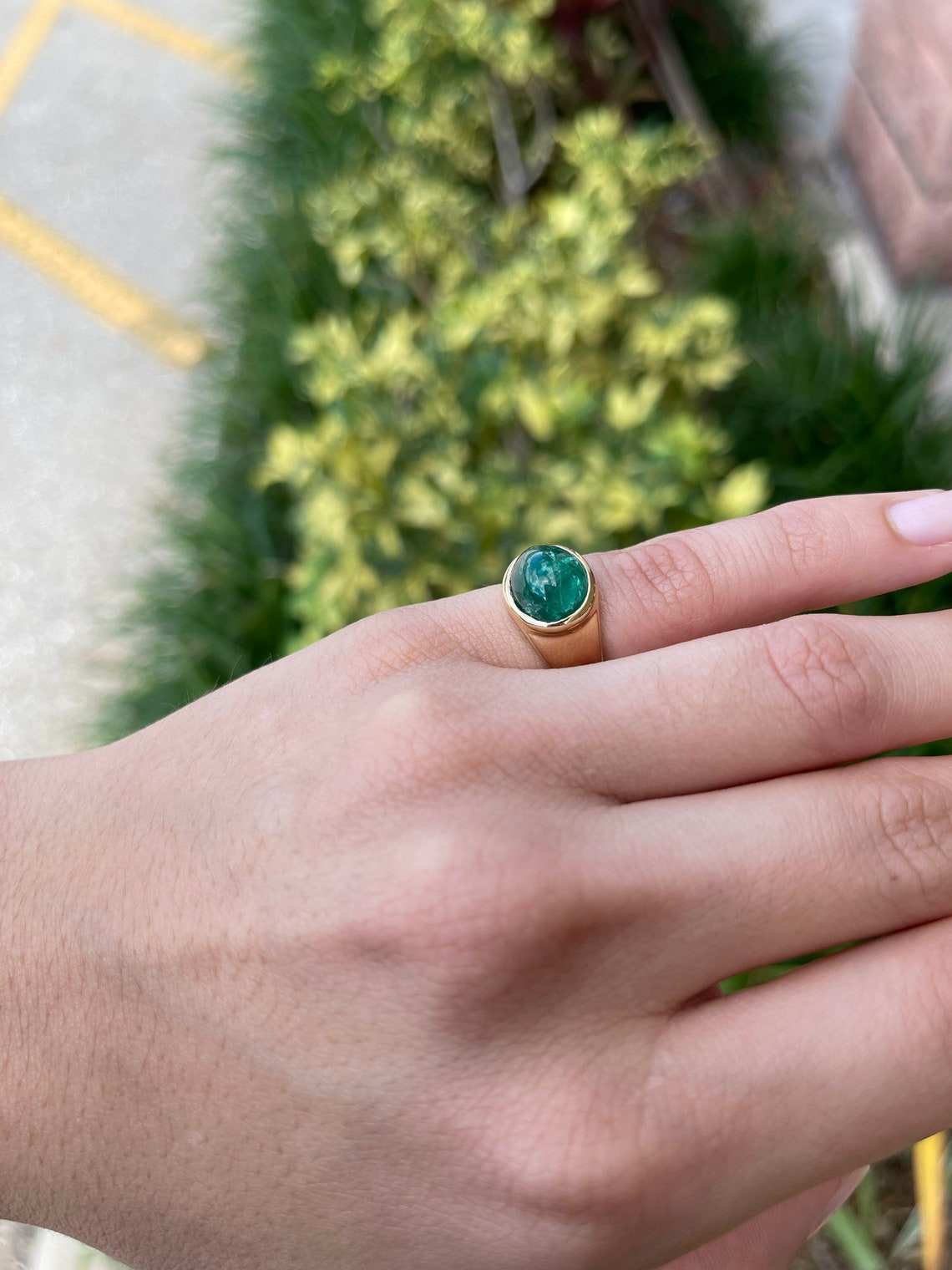 6.23 Carat Natural Emerald Cabochon Ring - Rich Green Gemstone in 14K Gold for Women & Men - Perfect for Engagement, Wedding & Everyday Elegance