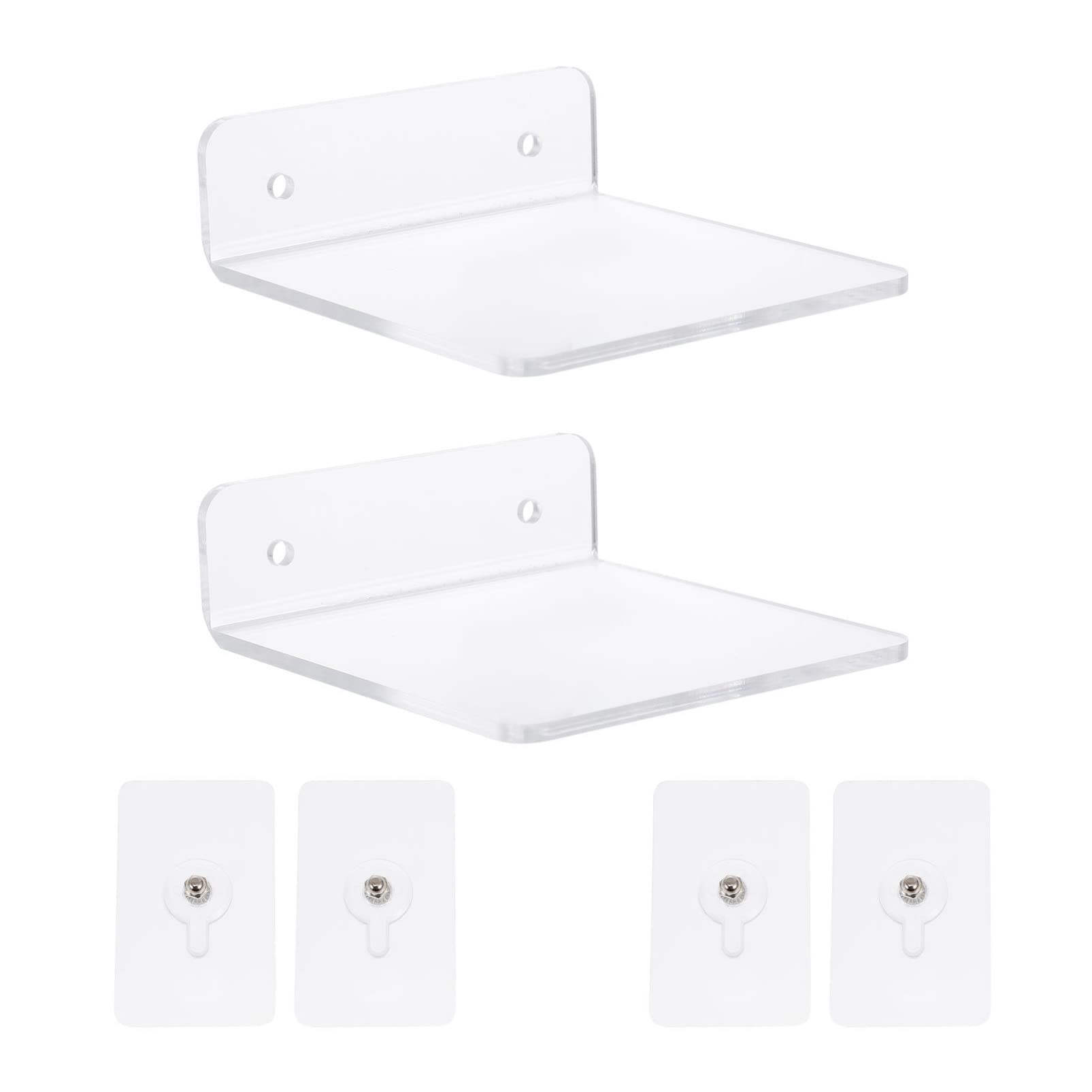 Clear Acrylic Floating Wall Shelves - 2 Pack Self-Adhesive Bathroom & Kitchen Organizer | Heavy Duty Wall Mounted Shower Caddy for Bathroom Storage, Kitchen Spice Rack & Home Decor