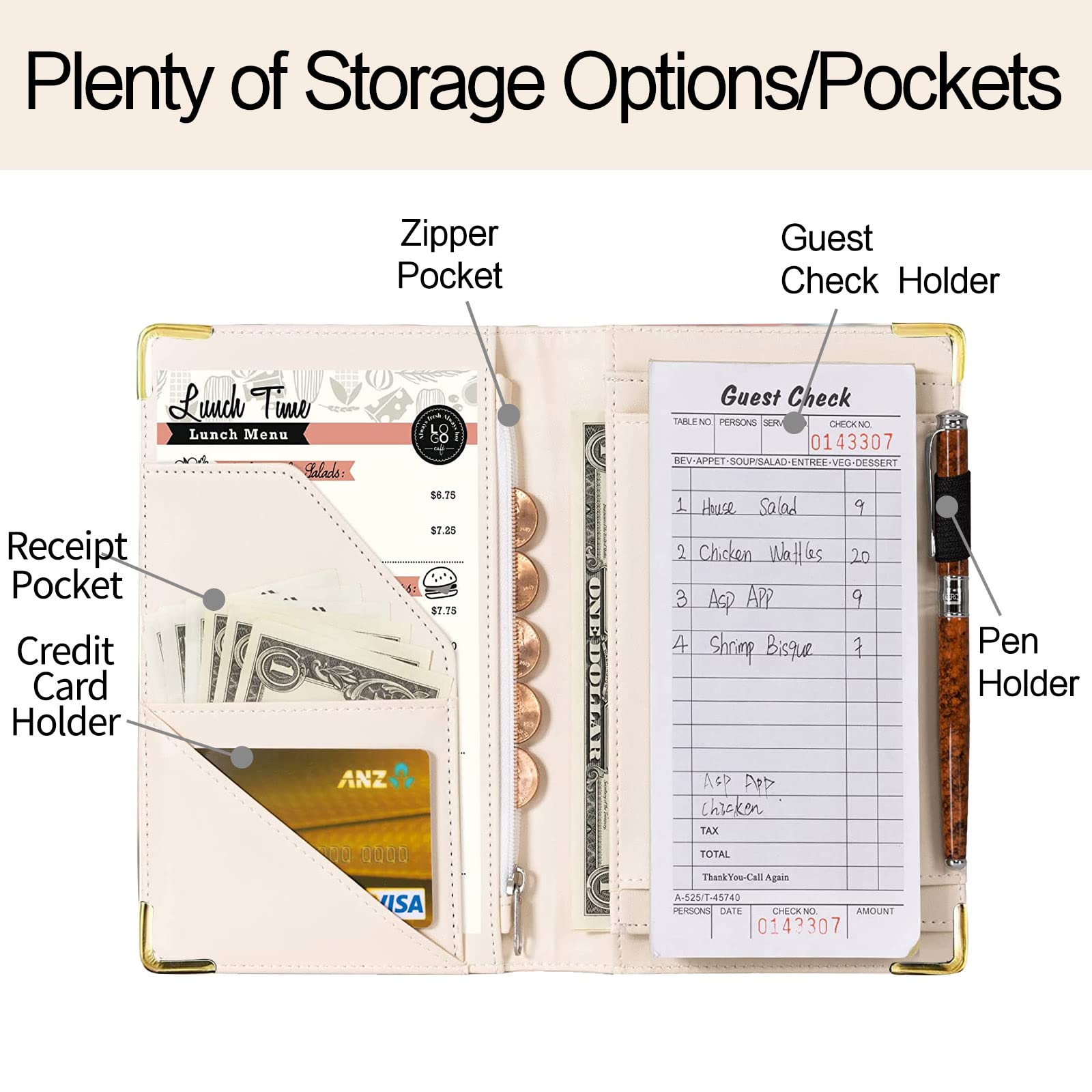 Tucocoo Red Leather Server Book with Zipper Pocket - Christmas Themed Waitress Notepad for Restaurant Staff, Perfect for Order Taking, Tip Tracking & Serving Accessories (Fits Server Aprons) - Ideal for Waiters, Waitresses & Hospitality Professionals