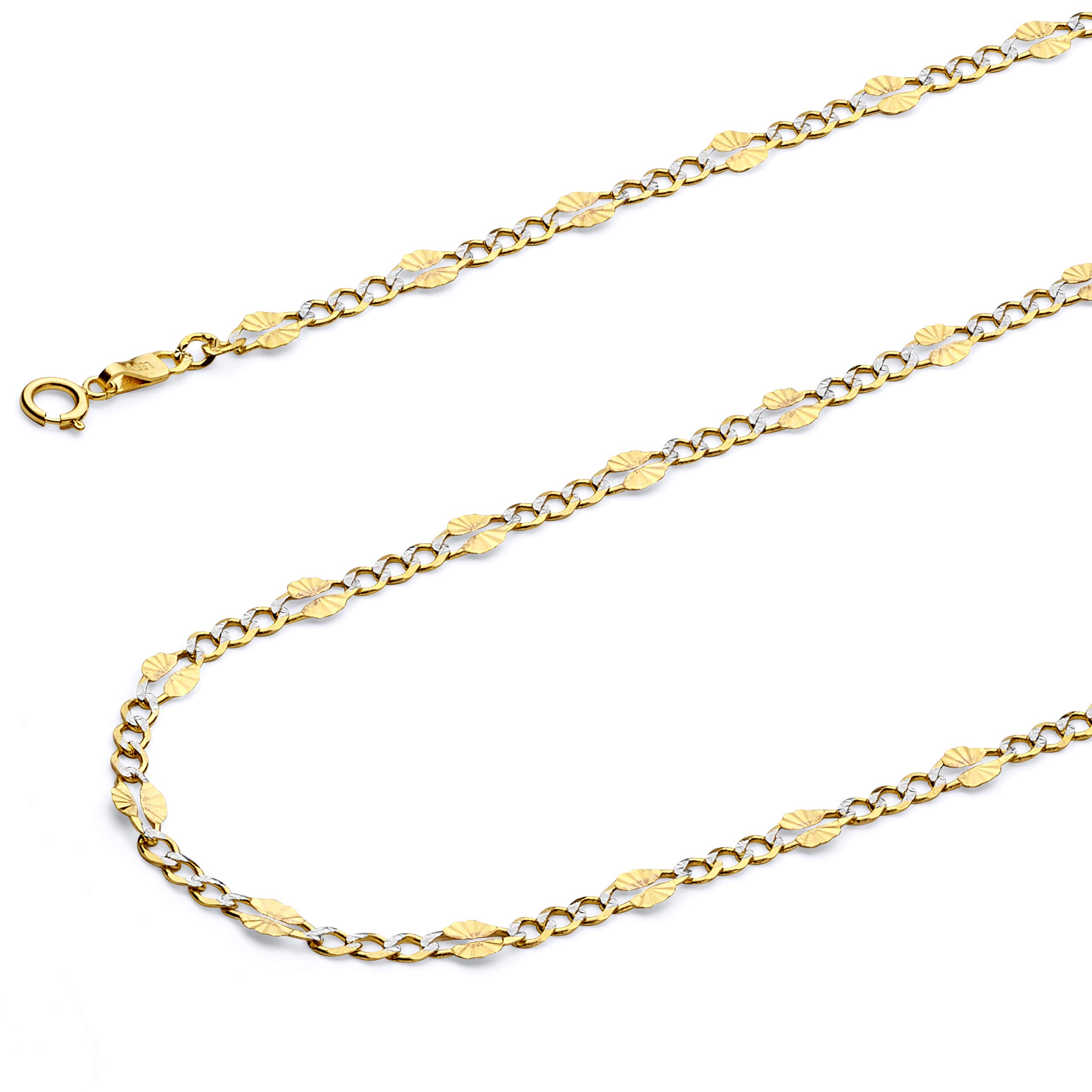 14K Real Yellow Gold Solid Men's 3.5mm Figaro Chain Necklace with White Pave Diamond Cut & Spring Ring Clasp - Perfect for Gifts, Weddings, Anniversaries and Everyday Luxury Wear