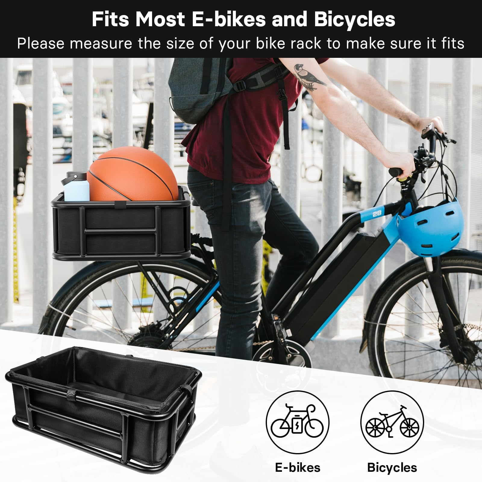 **Heavy Duty Rear Bike Basket with Liner, Elastic Net & Rain Cover – Large Metal Rear Rack Basket for Bicycle, E-Bike & Cargo Bike – Perfect for Commuting, Groceries & Outdoor Adventures**