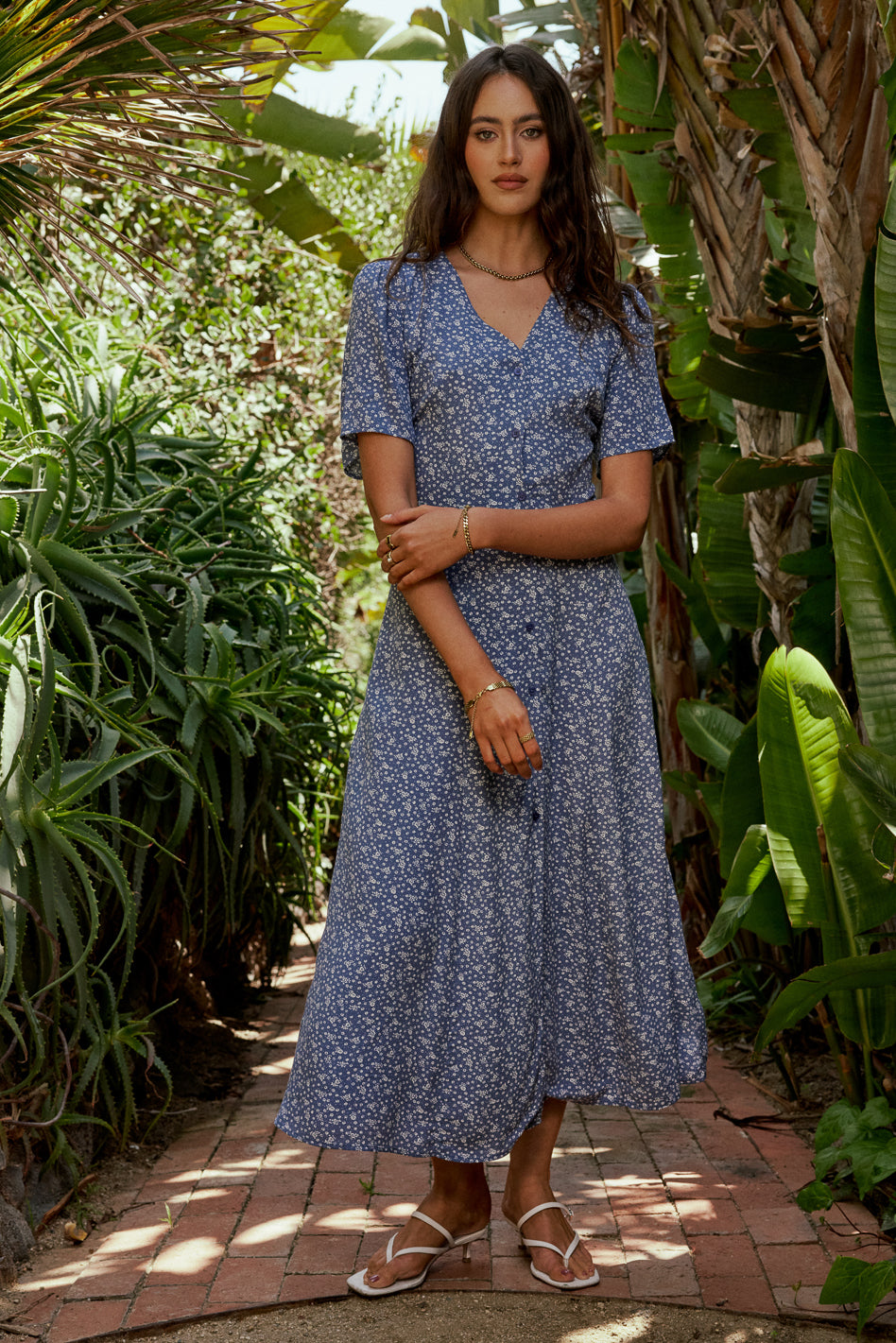 Ember Floral Midi Dress for Women - Blue Floral Print Summer Dress, A-Line Flowy Midi Length with Short Sleeves - Perfect for Beach Vacation, Date Night & Summer Weddings