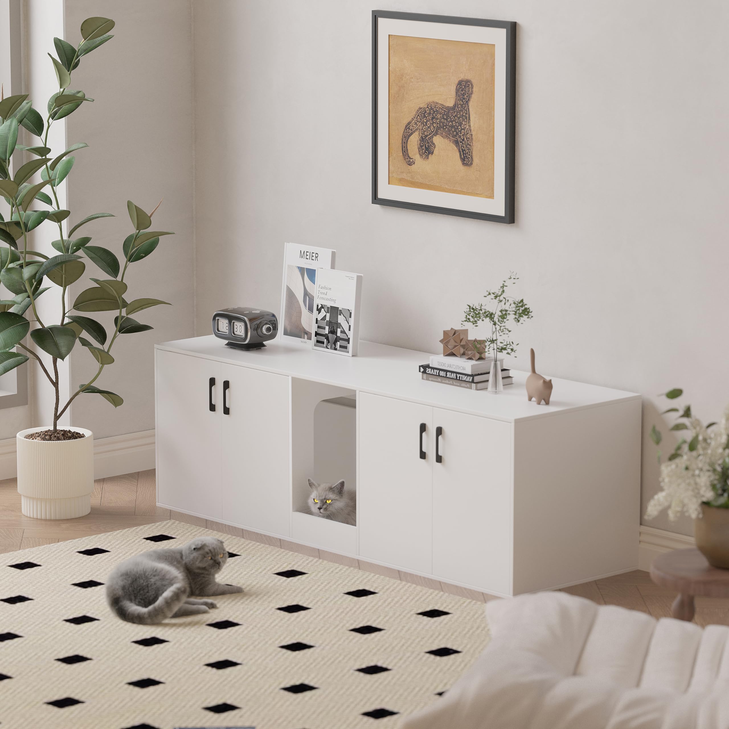 Stackable Cat Litter Box Enclosure Furniture for 2 Cats - Double Room Large Cat Cabinet with Pet House Side Coffee Table - White & Black (White) - Perfect for Indoor Use in Living Rooms & Small Apartments