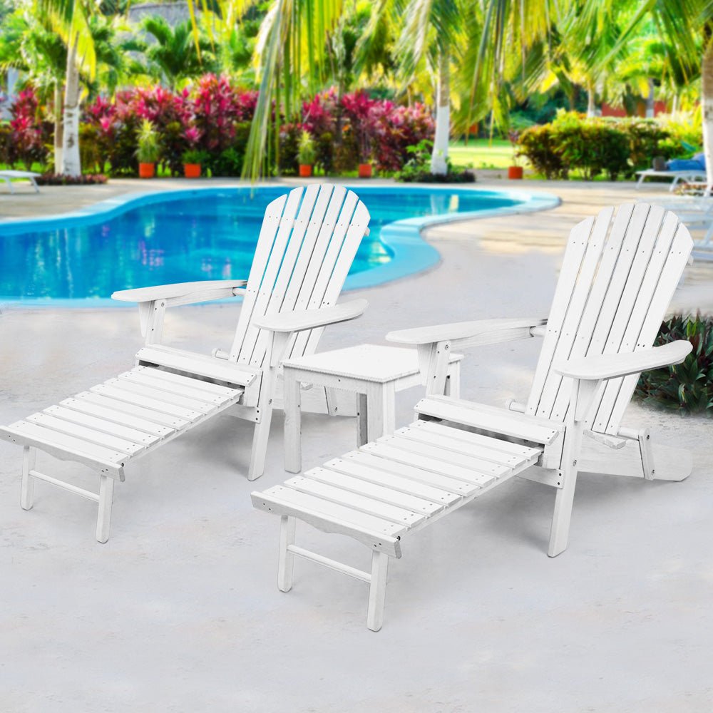 3-Piece White Wooden Adirondack Outdoor Table and Chairs Set - Perfect for Patio, Garden, Beach & Sun Lounge Relaxation