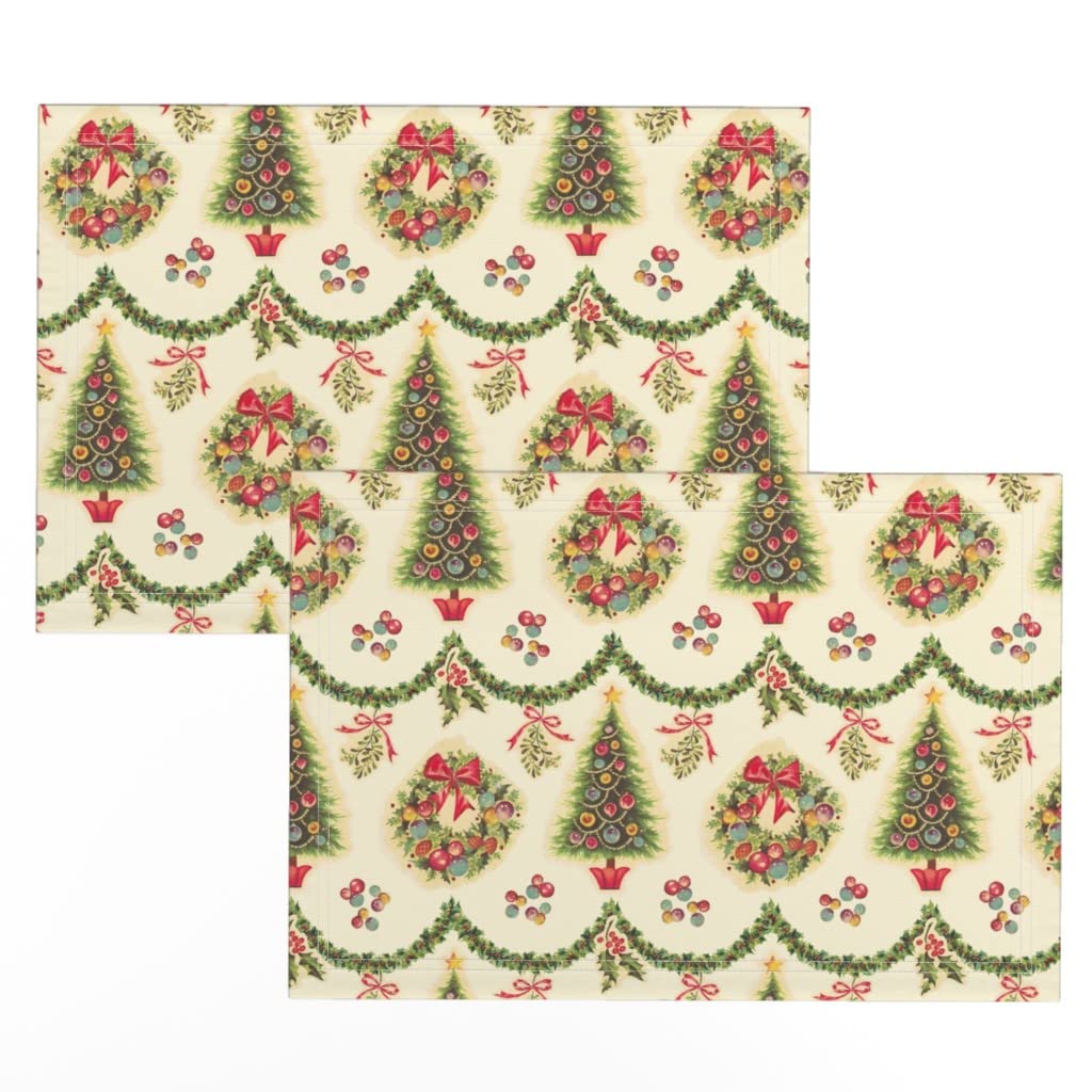 Retro Christmas Tree & Holly Vintage Placemats Set of 2 - Midcentury Inspired Linen Cotton Canvas Table Mats for Holiday Dining & Seasonal Decor