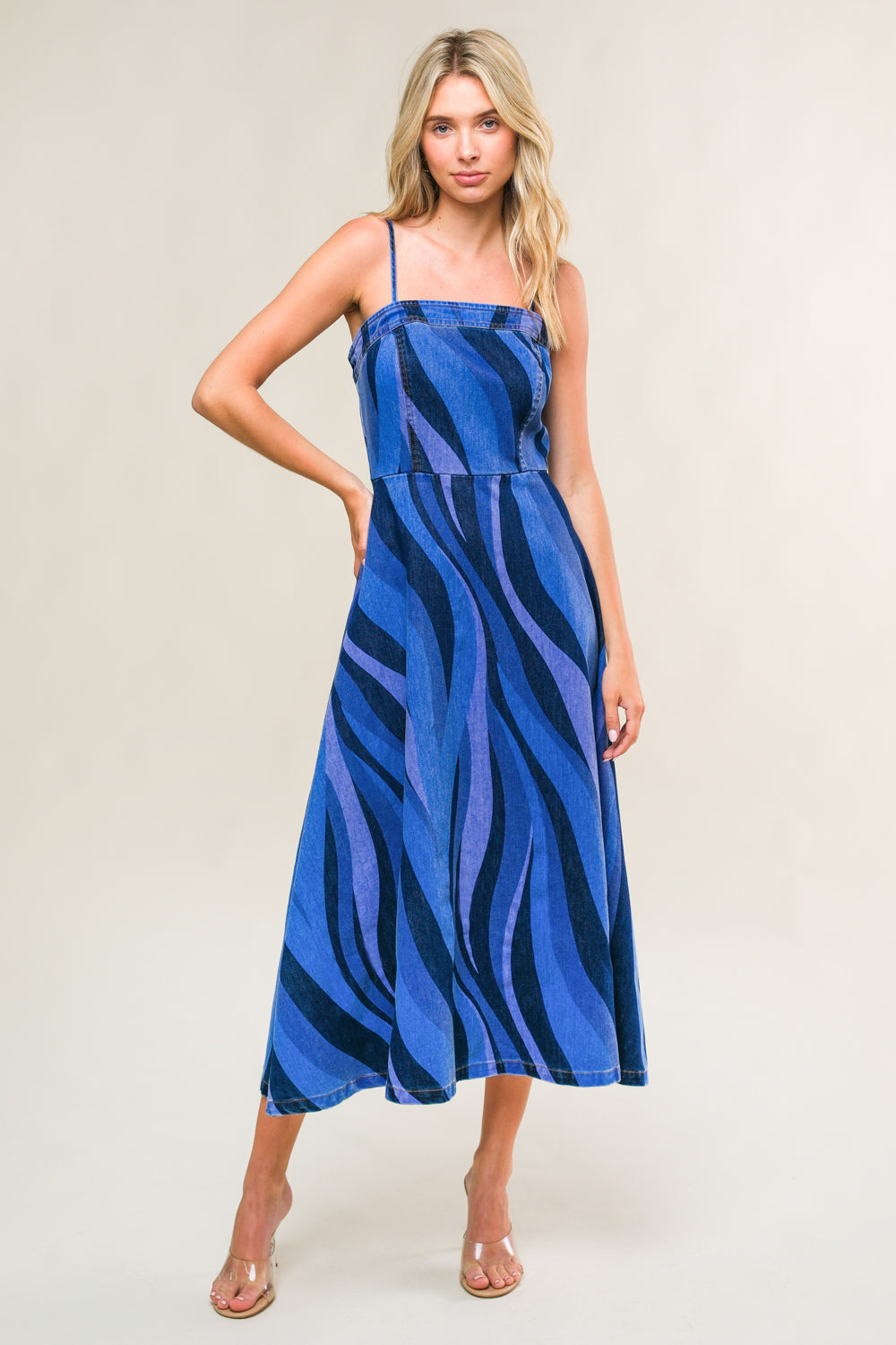 Blue Waves Patterned Denim Midi Dress for Women - Stylish Casual Summer Outfit for Beach, Brunch & Date Night