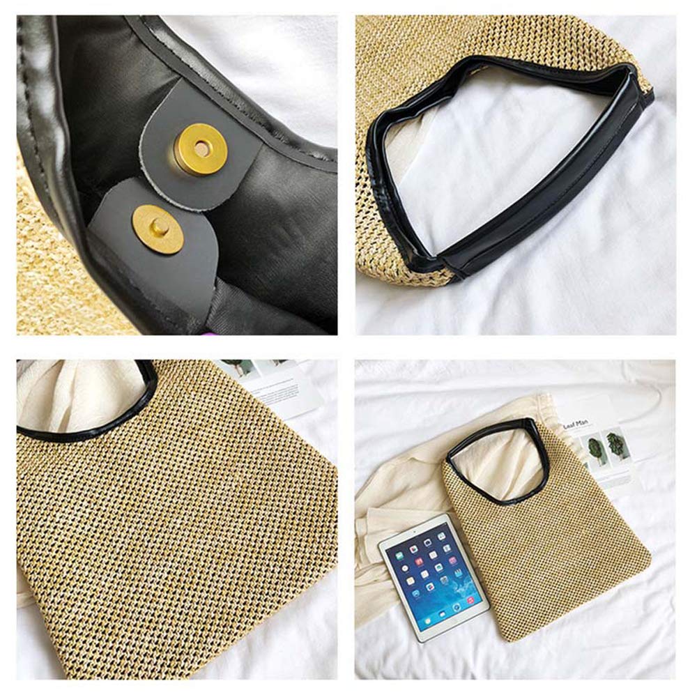 Boho Straw Tote Bag with Leather Handle - Beach & Travel