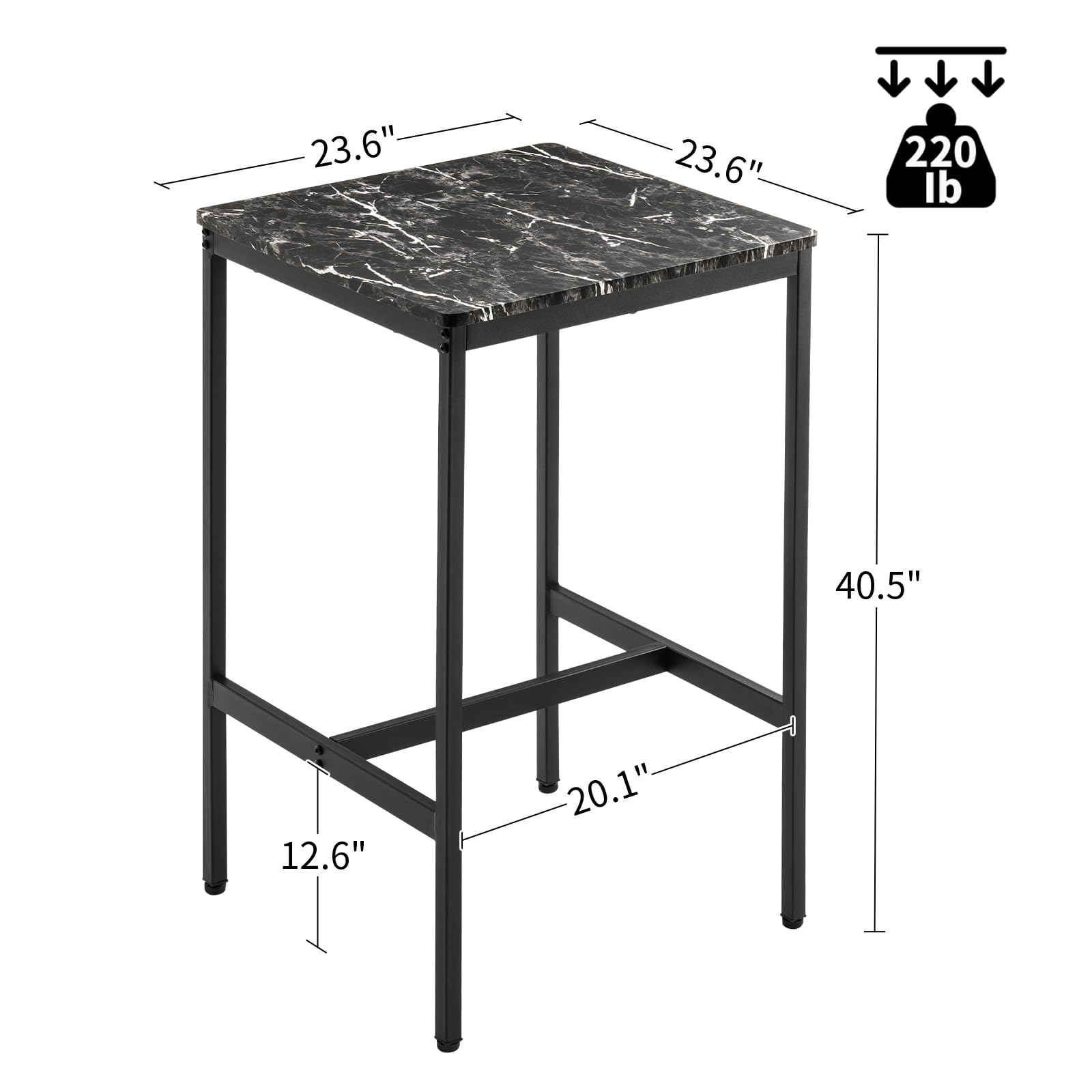 Square Bar Table - Small Kitchen Dining & Cocktail Table with Sturdy Metal Frame | High Top Pub Table for Party & Home | Space-Saving Narrow Design for Living Room, Kitchen & Bar | Marble Black Finish | Perfect for Entertaining, Small Spaces & Modern Decor