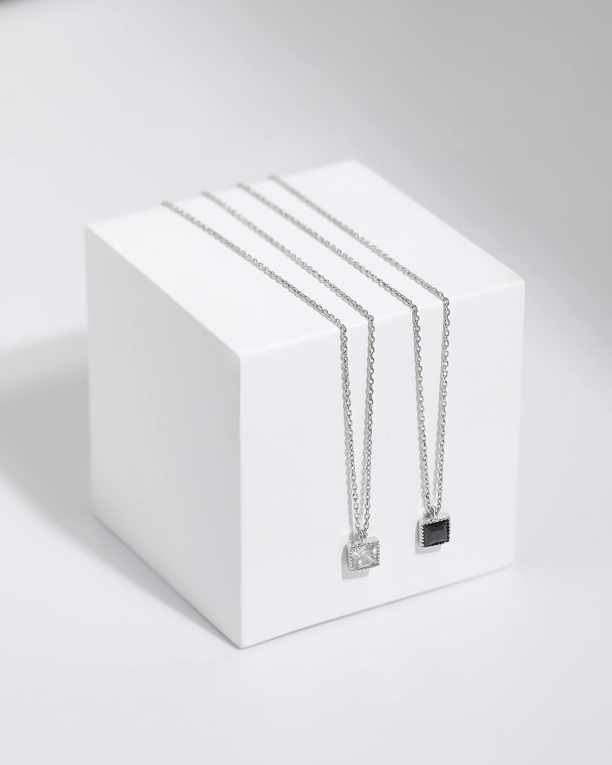 925 Sterling Silver Little Square Necklace with Black Stone - Dainty Stackable Layering Choker for Women | Perfect Birthday Gift & Everyday Jewelry for Casual or Formal Occasions
