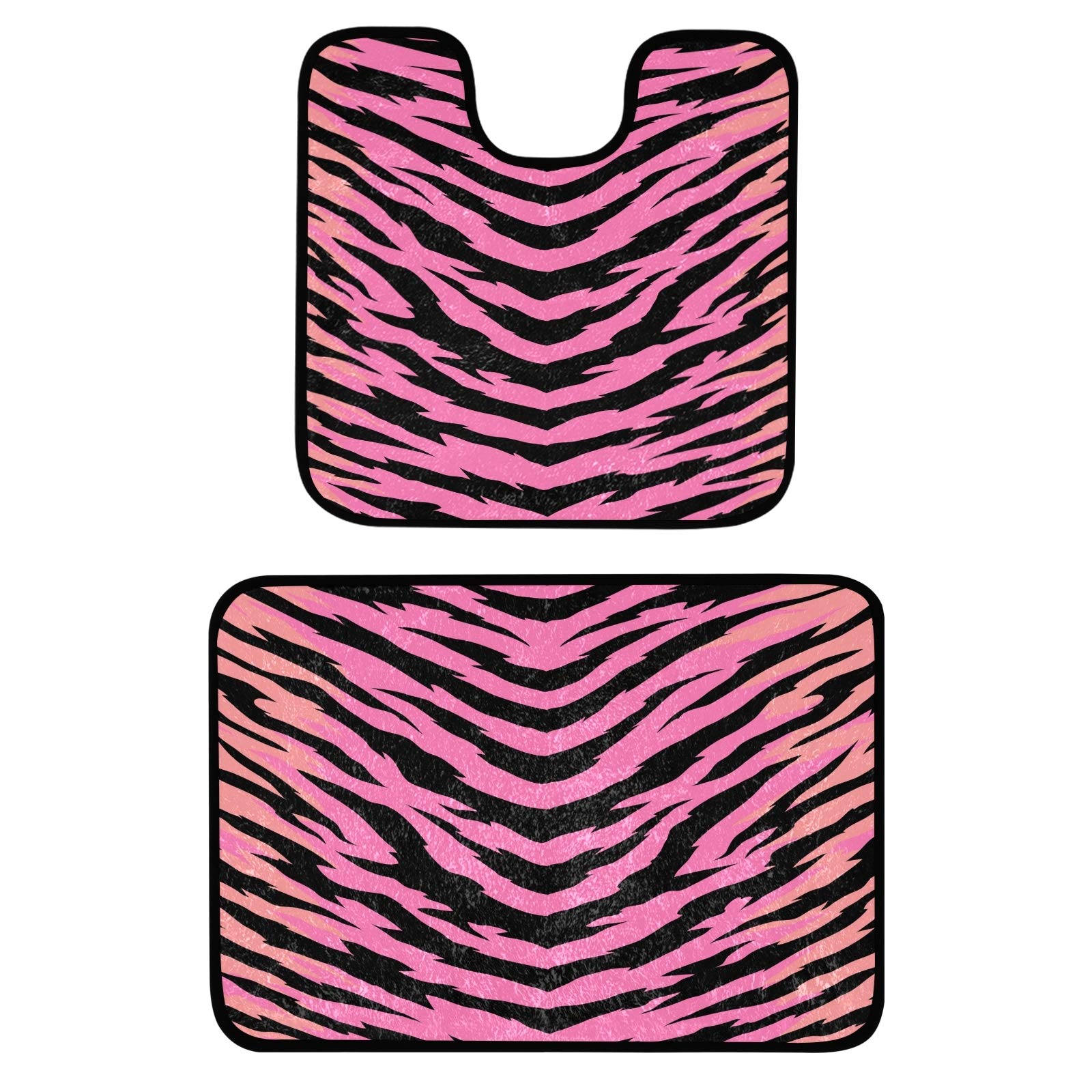 Pink Zebra Tiger Print Bath Mat Set - 2 Piece Plush Non-Slip Absorbent Bathroom Rugs with U-Shaped Toilet Rug for Tub, Shower & Bathroom - Soft Animal Print Bath Mats for Kids & Adults, Perfect for Modern Bathrooms & Spa-Like Showers