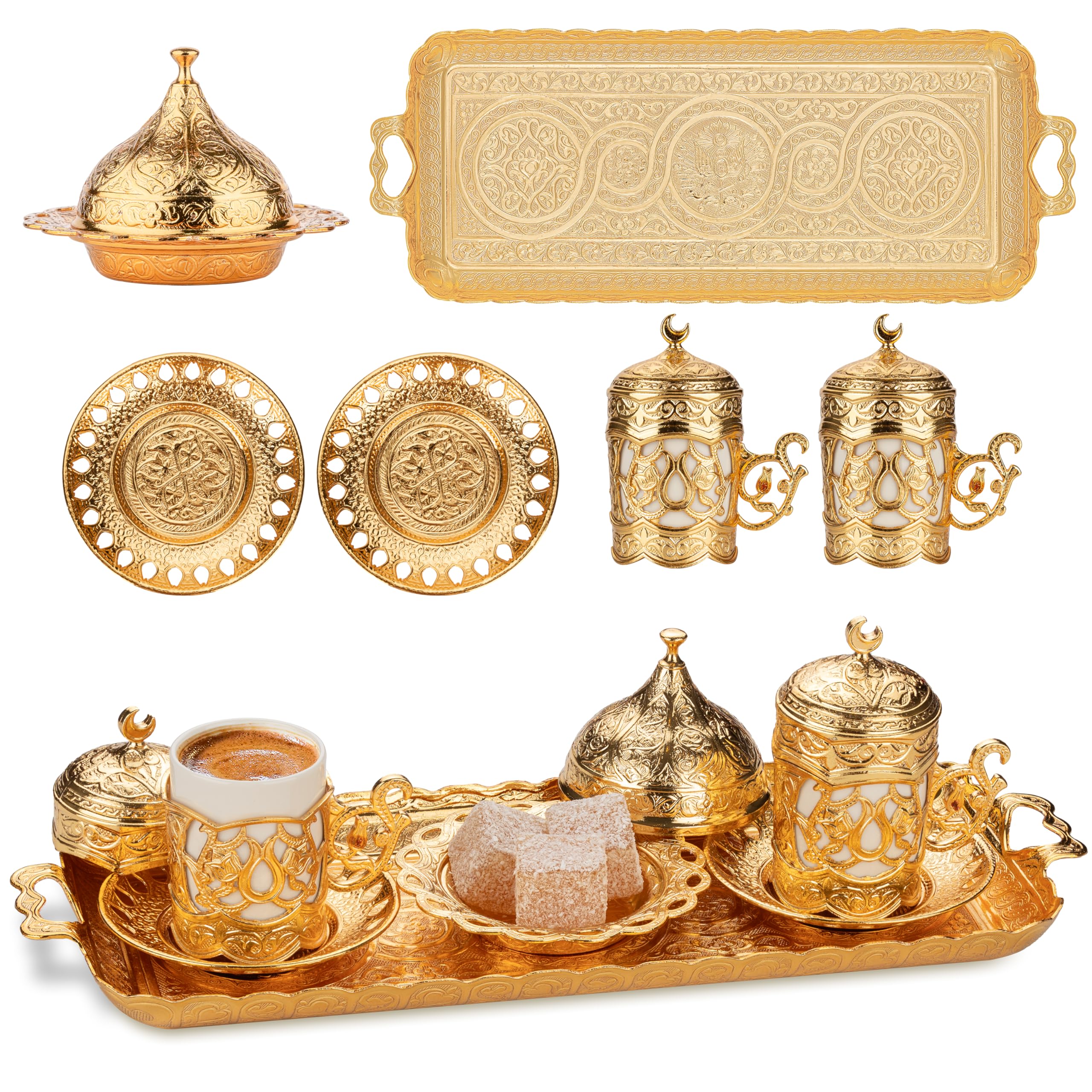 Premium Ottoman Turkish Greek Arabic Espresso Coffee Cups with Saucer and Lid - Set of 2, Gold Hilal Design - Perfect for Middle Eastern Coffee Ceremonies, Home Decor & Gift Giving