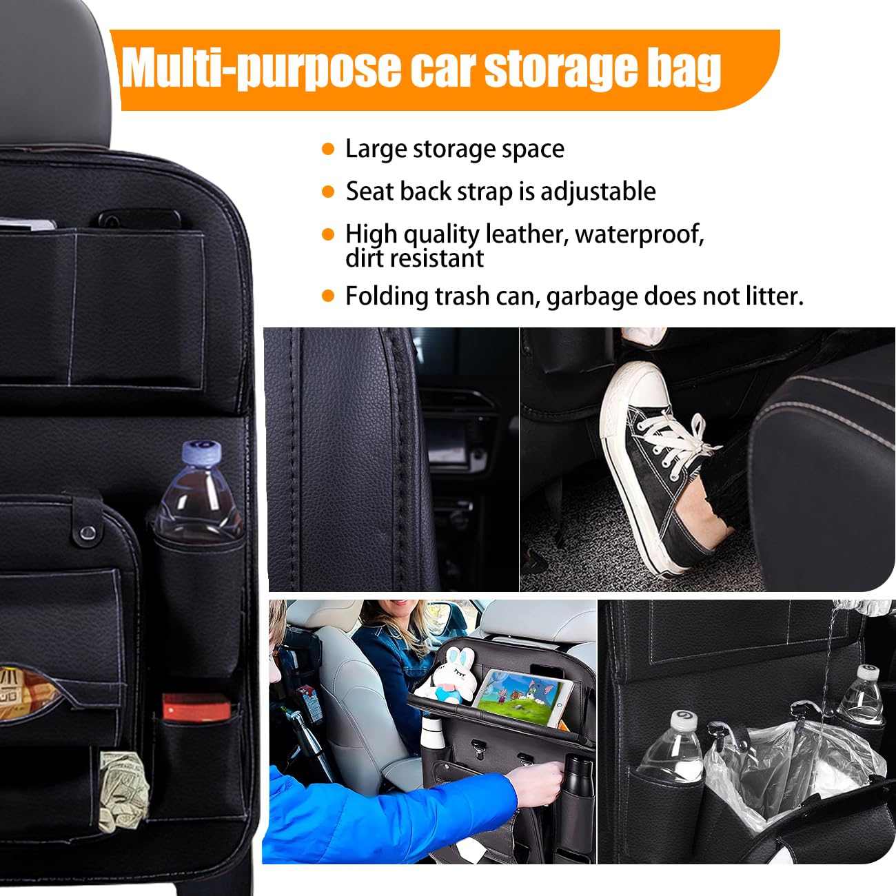 2 Pack Leather Car Backseat Organizers with Foldable Garbage Storage, Kick Mats Back Seat Protector & Tablet Holder, Car Storage Organizer for Kids - Perfect for Family Road Trips and Daily Commutes
