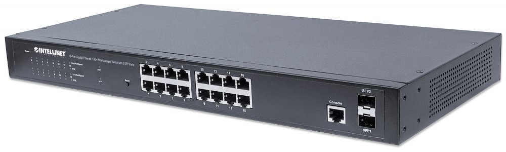 Intellinet 16 Port Gigabit Managed PoE Switch with 220W Power Budget - 2 SFP Slots, Self-Healing, IPv4/IPv6 Support, 19