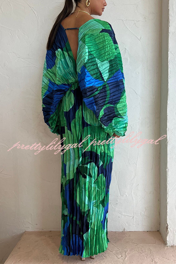 Tropical Oasis Capri Print Kimono Sleeve Pleated Cocoon Maxi Dress | Flowy Beach Cover Up & Summer Vacation Outfit for Women | Perfect for Pool Parties, Resort Wear & Boho Fashion