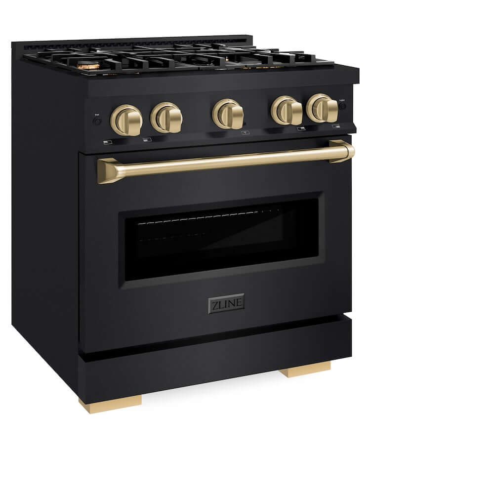 ZLINE Autograph Edition 30 Inch 4.2 cu ft Gas Range - 4 Burner Cooktop with Convection Oven - Black Stainless Steel & Champagne Bronze Accents (CGRBZ 30 CB) - Perfect for Modern Kitchens & Professional Home Chefs