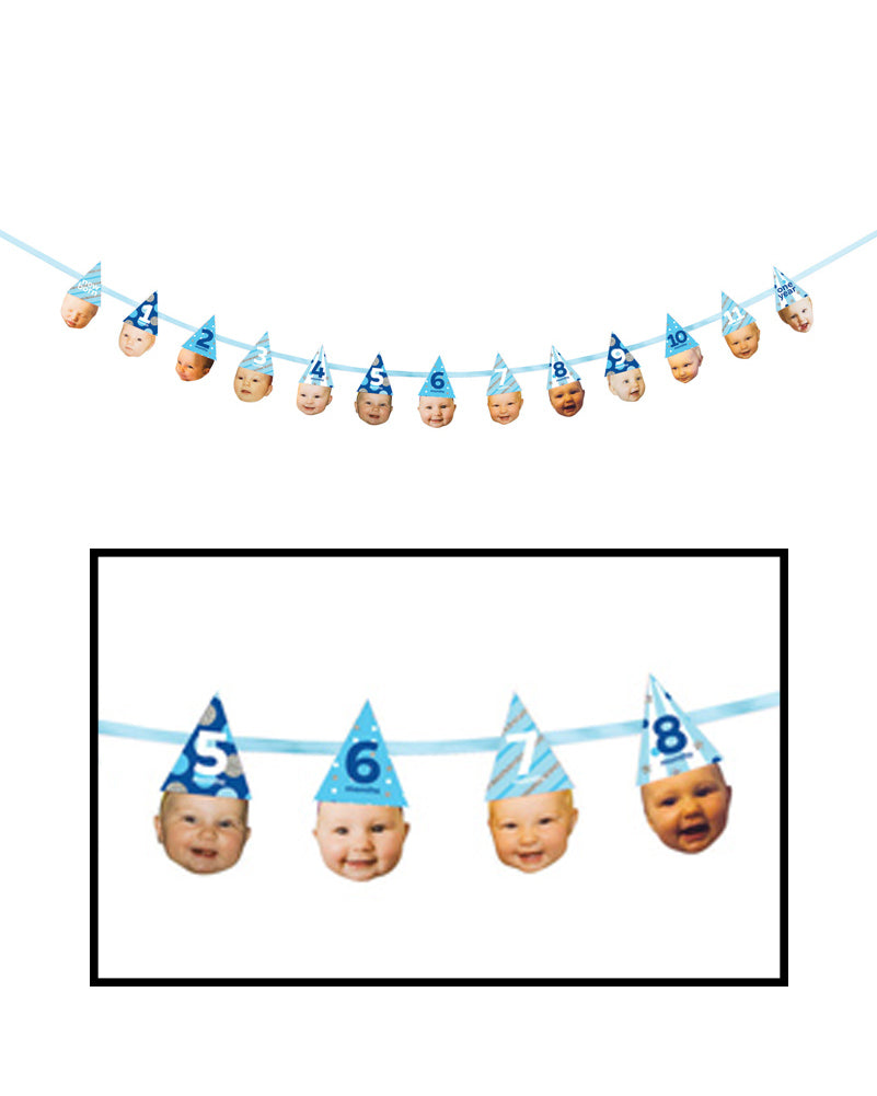 Custom Blue Photo Hat Banner for 1st Birthday Party Decorations - 2.75m Long - Perfect for Baby's First Birthday, Photo Backdrops & Milestone Celebrations