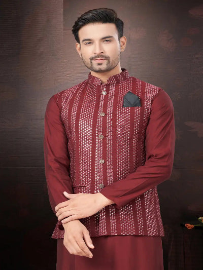 Elegant Peach Silk Wedding Kurta Koti Set for Men with Matching Pyjama - Traditional Indian Ethnic Wear for Weddings, Festivals & Special Occasions