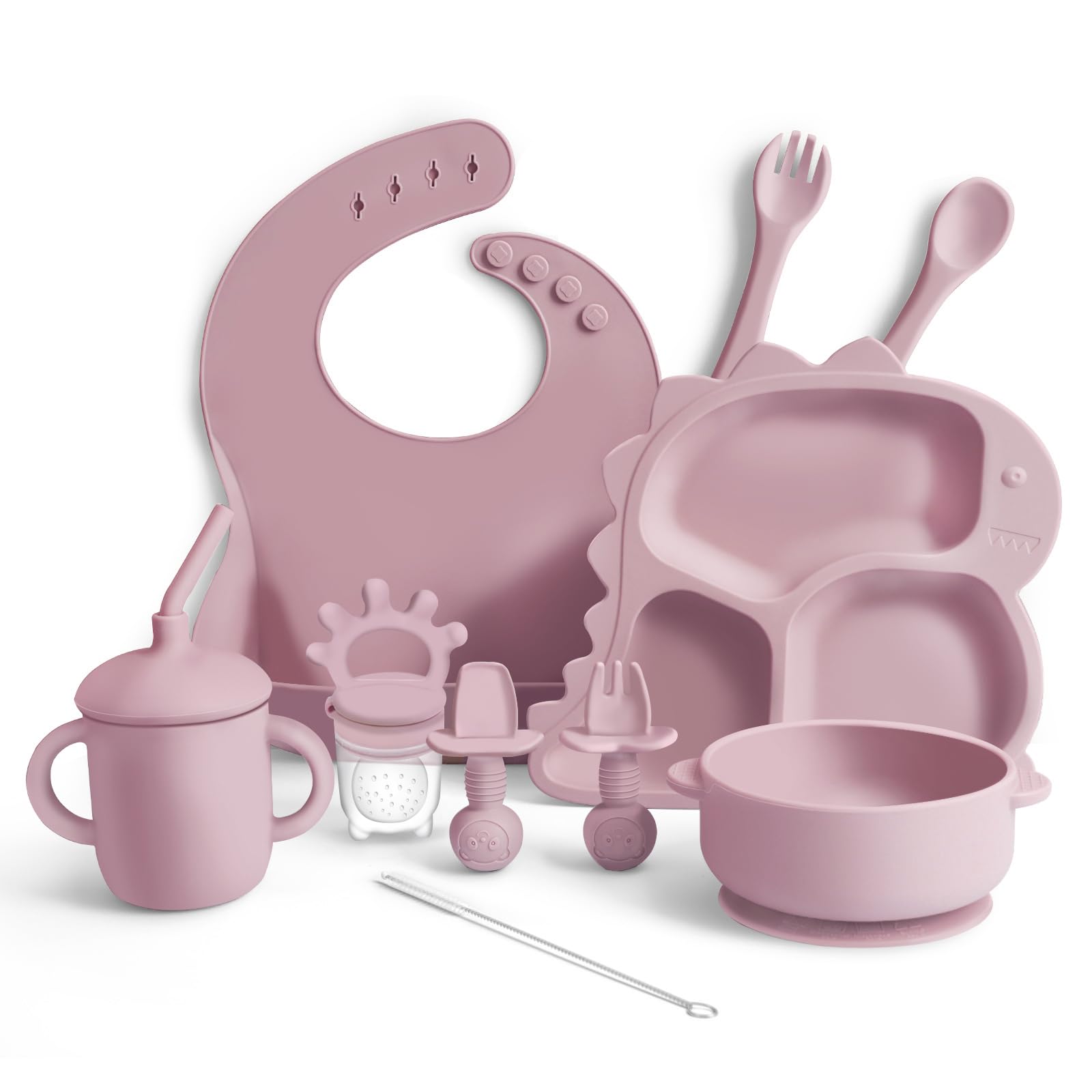 **10PCS Baby Led Weaning Silicone Feeding Set for Toddlers - Self Feeding Utensils with Dinosaur Plate, Bib, Cup, Suction Bowl, Forks, Spoons & Fruit Feeder - Perfect for Girls & Boys Learning to Eat Independently at Home or Daycare**