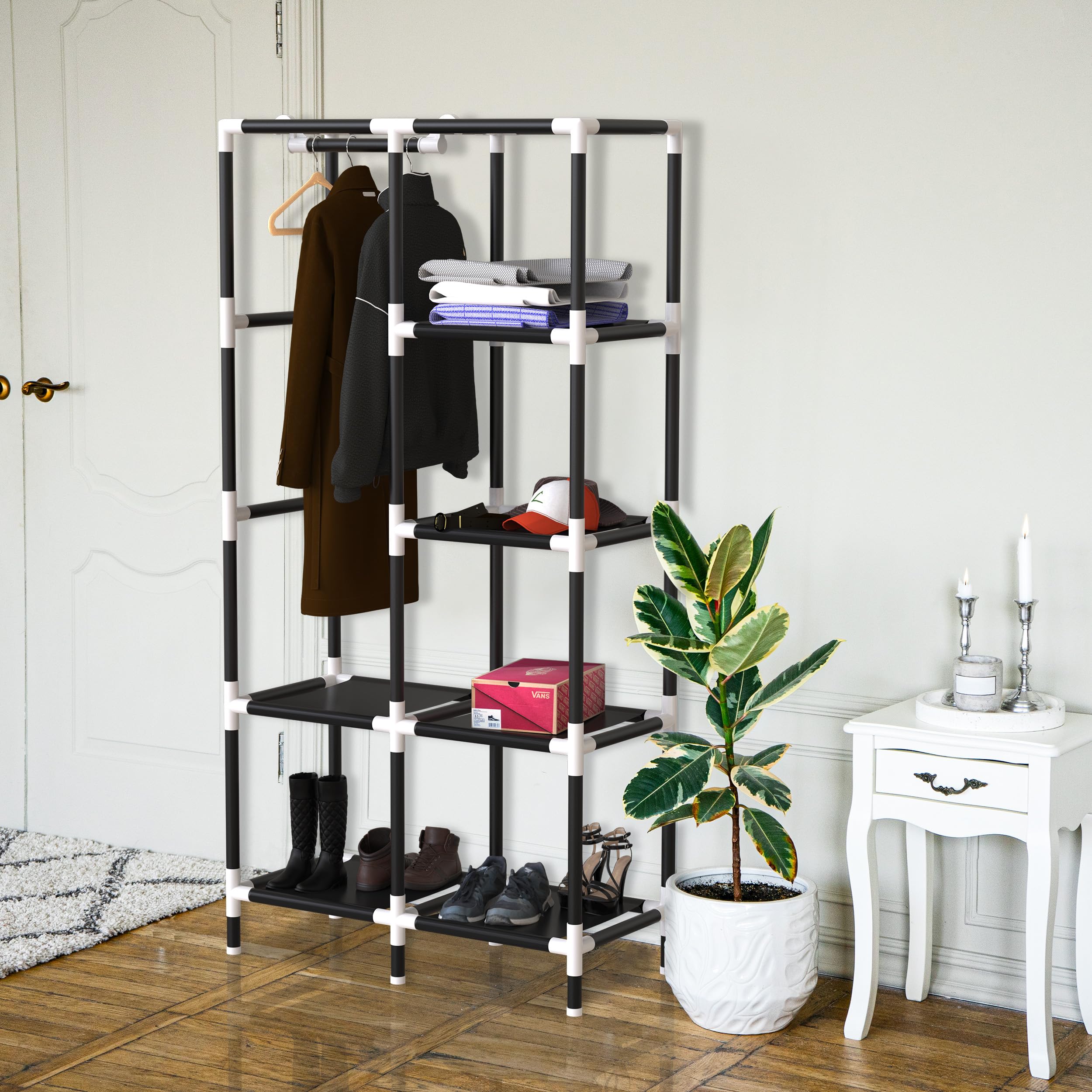 Portable Closet Organizer with 6 Shelves & Hanging Rack - Space-Saving Wardrobe Storage for Clothes | Ideal for Small Spaces, Dorms, Apartments & Travel | Perfect for Home, Office & Camping Use (Black)