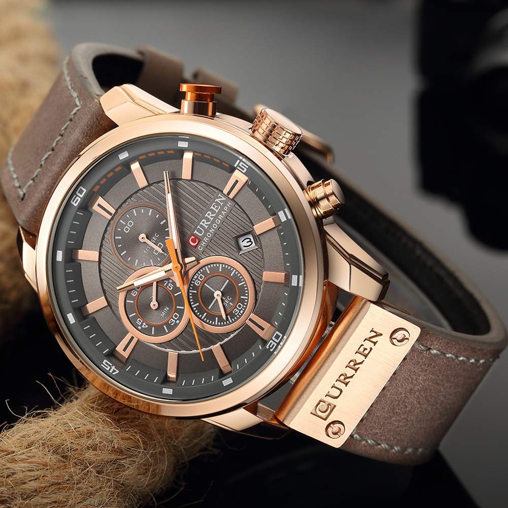 Men's Chronograph Sport Watch - Brown Leather Strap Quartz Analog Watch for Business Casual & Everyday Wear - Waterproof Wristwatch for Office, Dating & Outdoor Activities