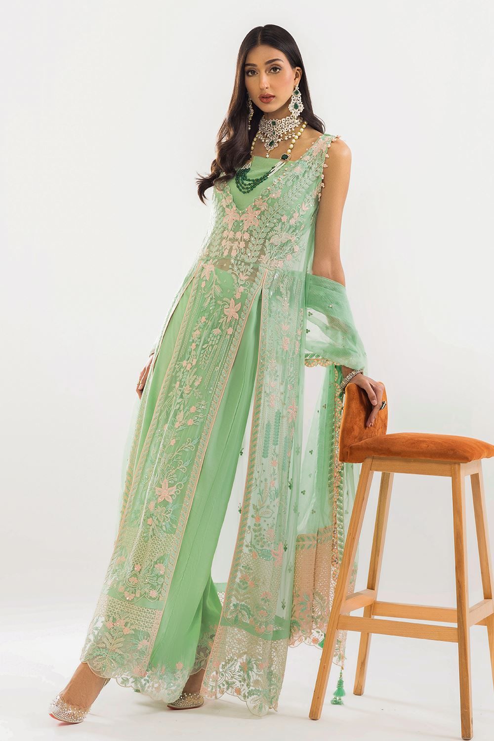 Elegant Chiffon Parrot Green 3-Piece Suit for Women - Formal Office Wear & Special Occasions