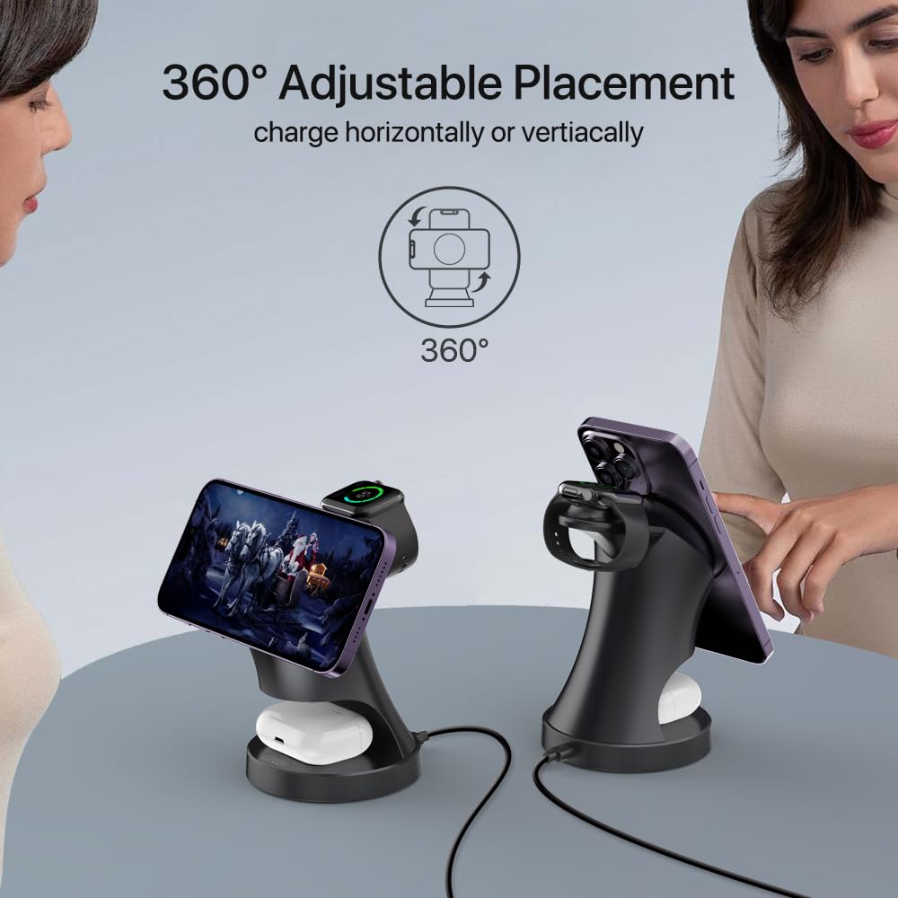 3-in-1 Magnetic Wireless Charging Station for iPhone 16/15/14/13/12 Pro Max & Apple Watch 9/8/7/6/5 & AirPods 3/2/Pro - Fast 15W Magsafe Charger with LED Display - Perfect for Bedside, Office & Travel Charging