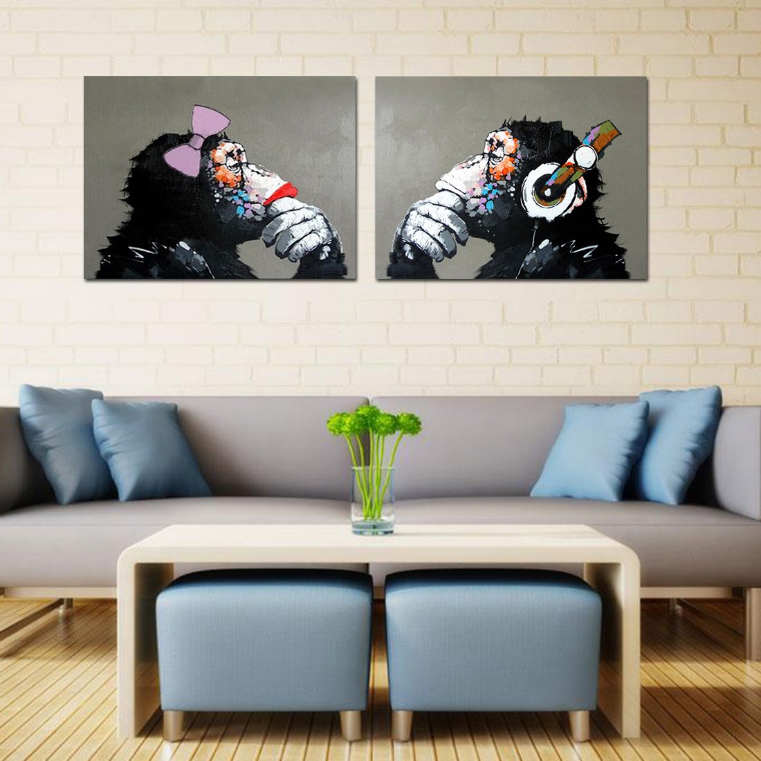Hand Painted Monkey with Headphones Oil Painting on Canvas - Large Wall Art for Living Room Decor (24x32 Inches, Set of 2) | Ready to Hang Modern Artwork for Home, Office & Gift Giving