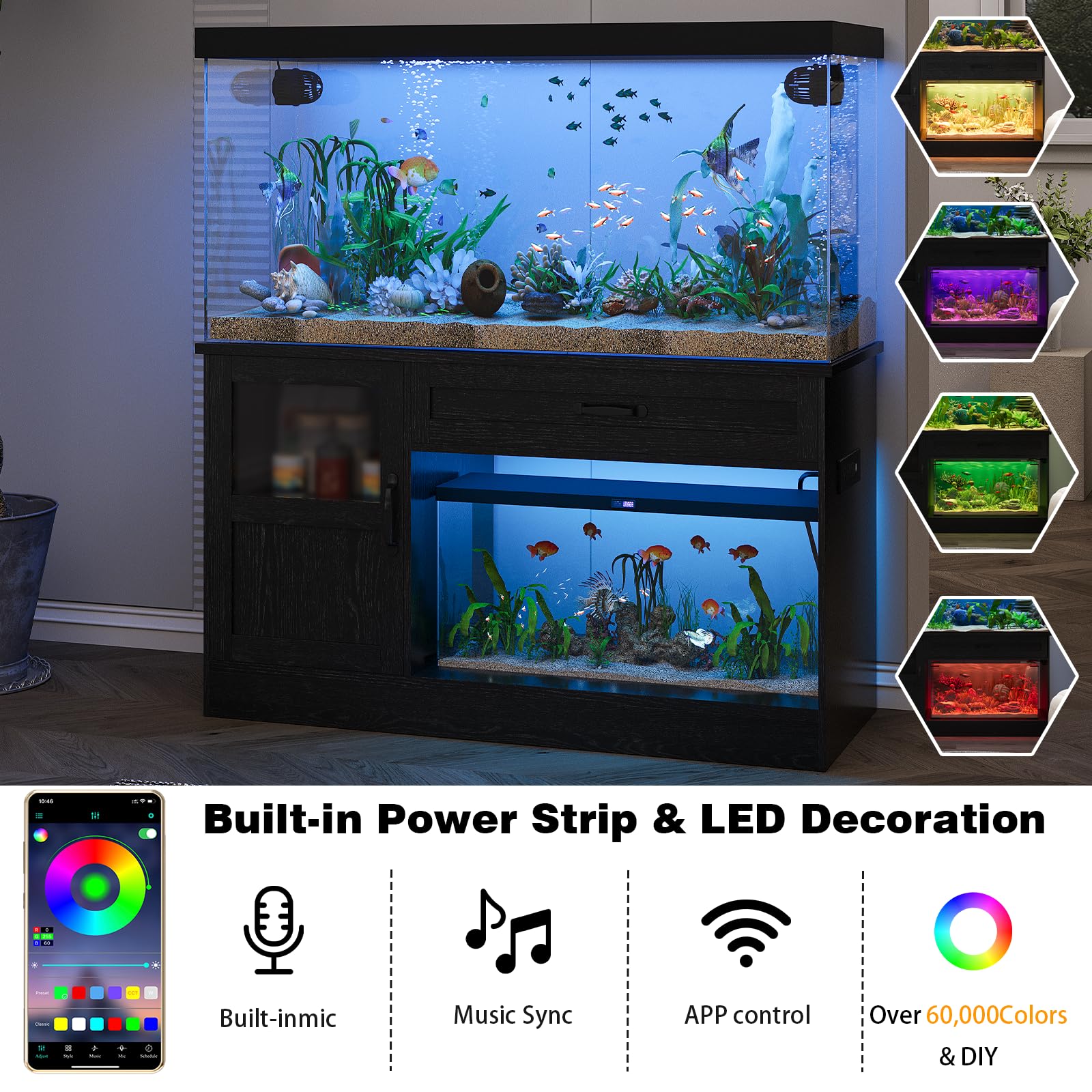 40 Gallon Wooden Aquarium Stand with Drawer, Power Strip & LED Lighting - Heavy Duty Fish Tank Stand for Reptiles, Tropical Fish - Perfect for Home, Office or Classroom Aquarium Setup