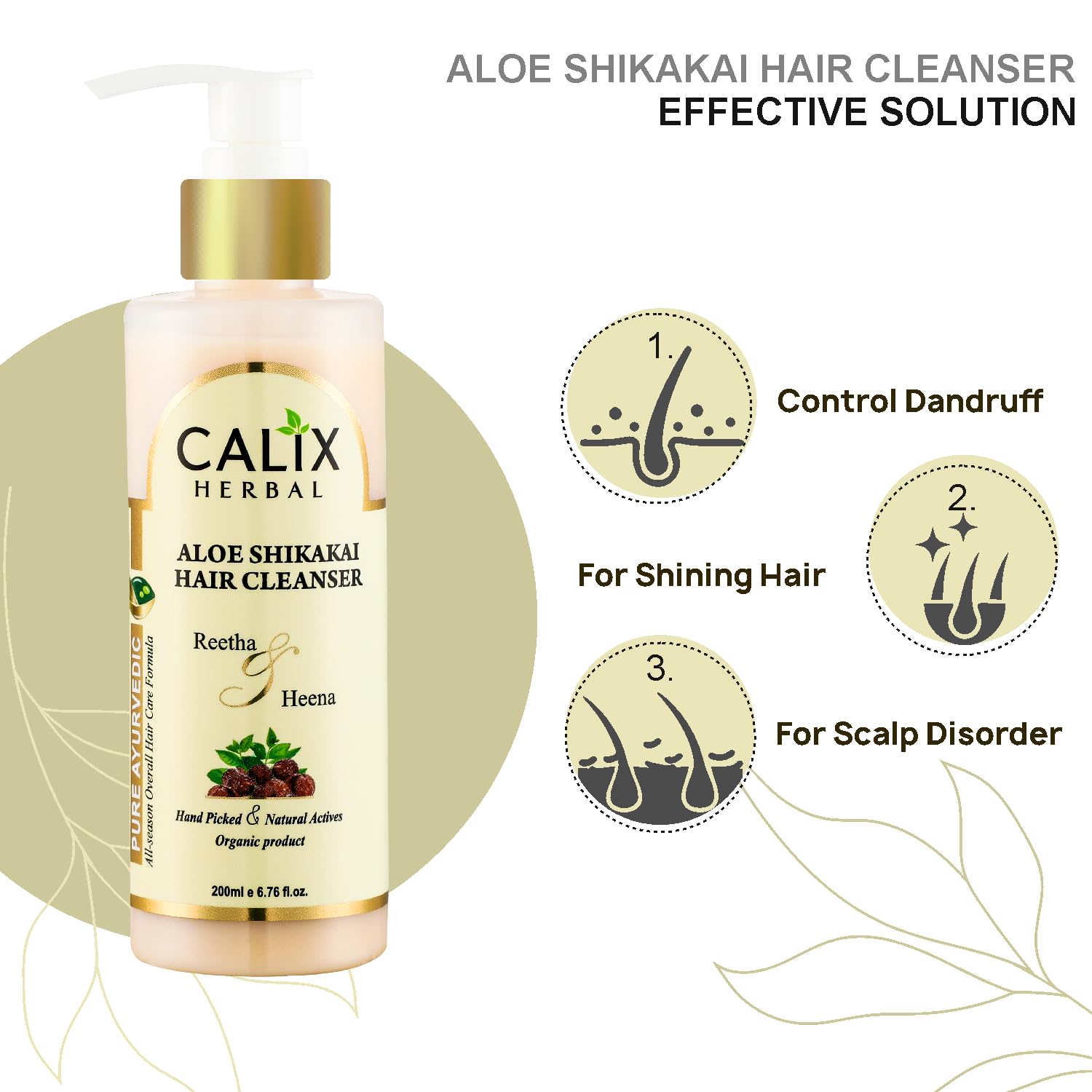 Calix Herbal Ayurvedic & Organic Aloe Shikakai Shampoo for Dry, Frizzy Hair - Controls Hair Fall, Strengthens Roots, Promotes Growth - Full Hair Care for Men & Women (200ml) - Perfect for Daily Use & Natural Hair Repair