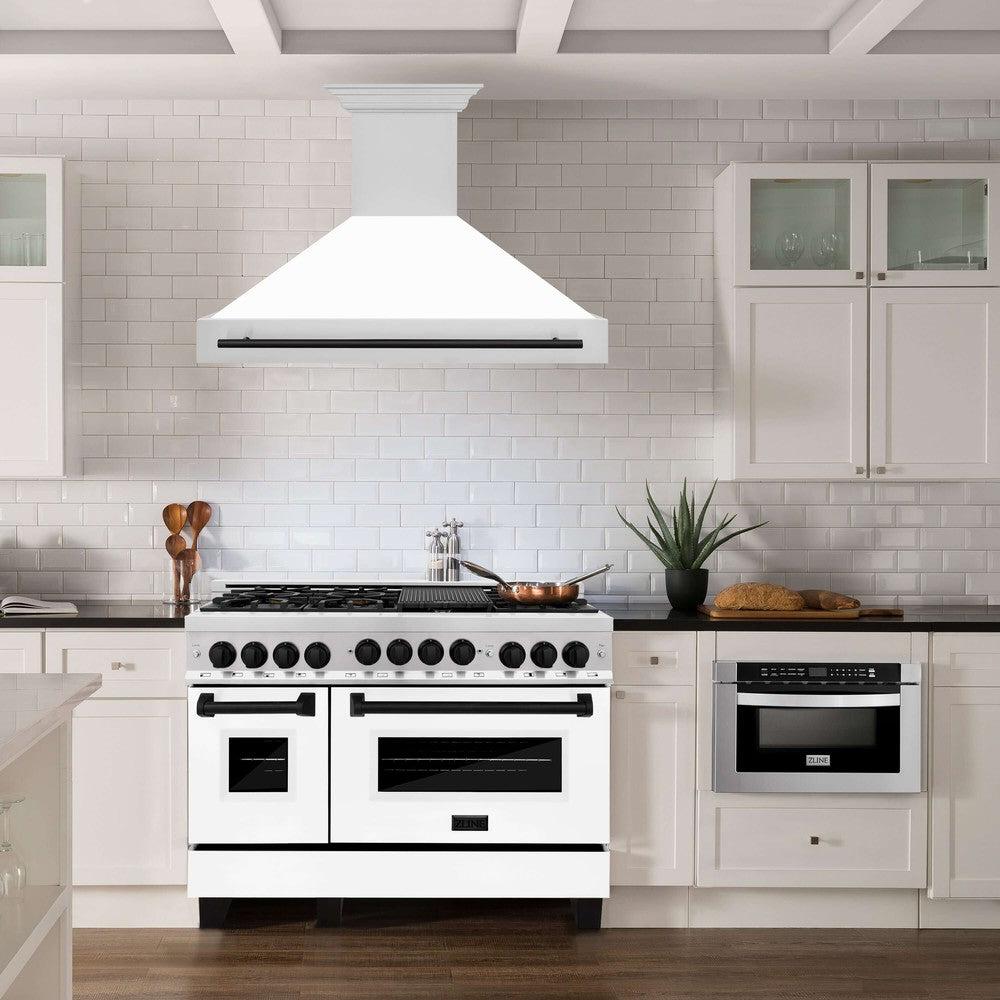 ZLINE Autograph Edition 48-Inch Stainless Steel Range Hood with White Matte Shell & Accent Handle (8654STZ WM48) - Premium Kitchen Ventilation for Modern Homes