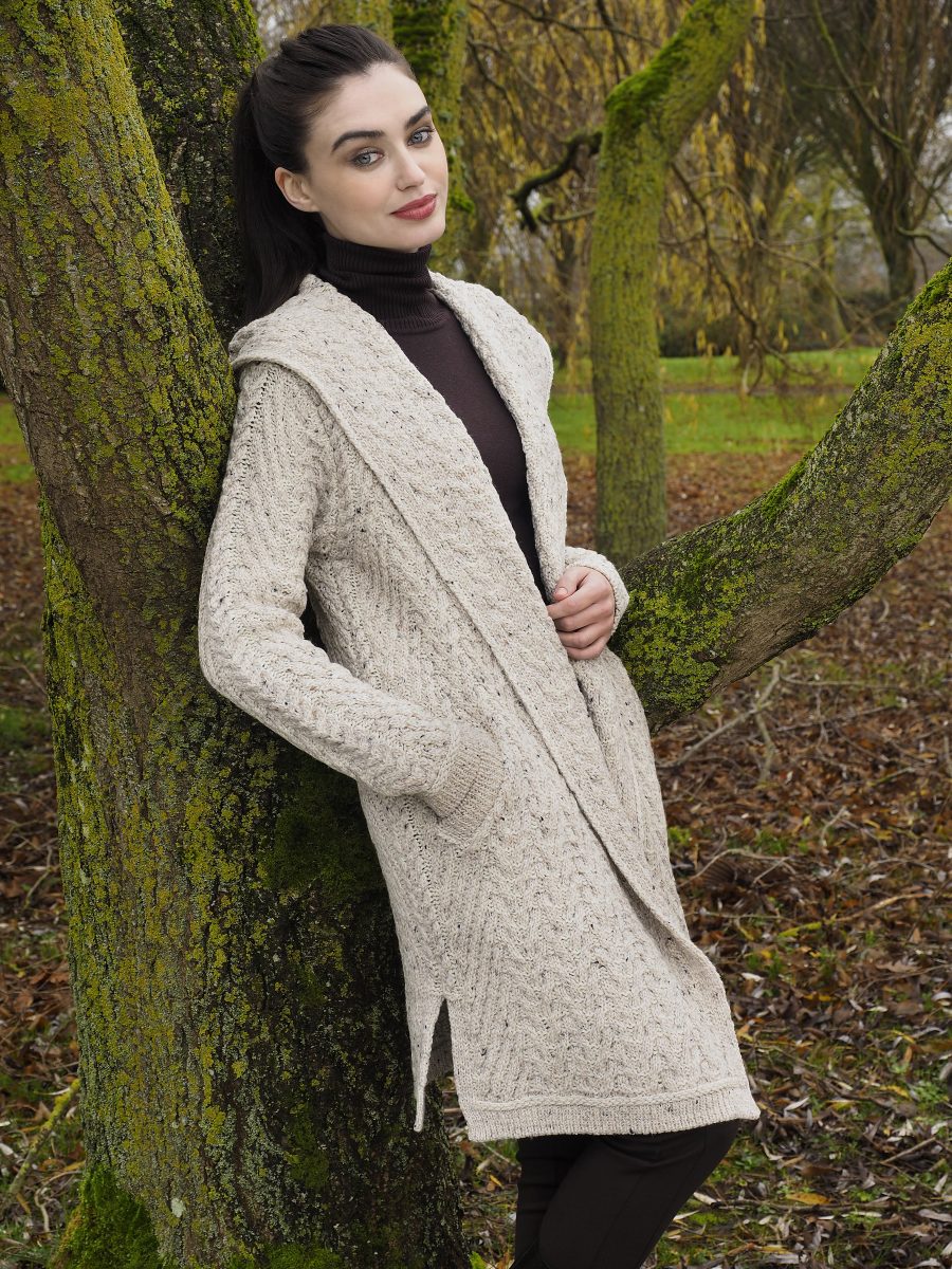 Aran Shawl Collar Hooded Cardigan Sweater for Women - Cozy Winter Knitwear in 2 Colors (Beige & Gray) - Perfect for Casual Outfits, Office Wear and Fall Layering