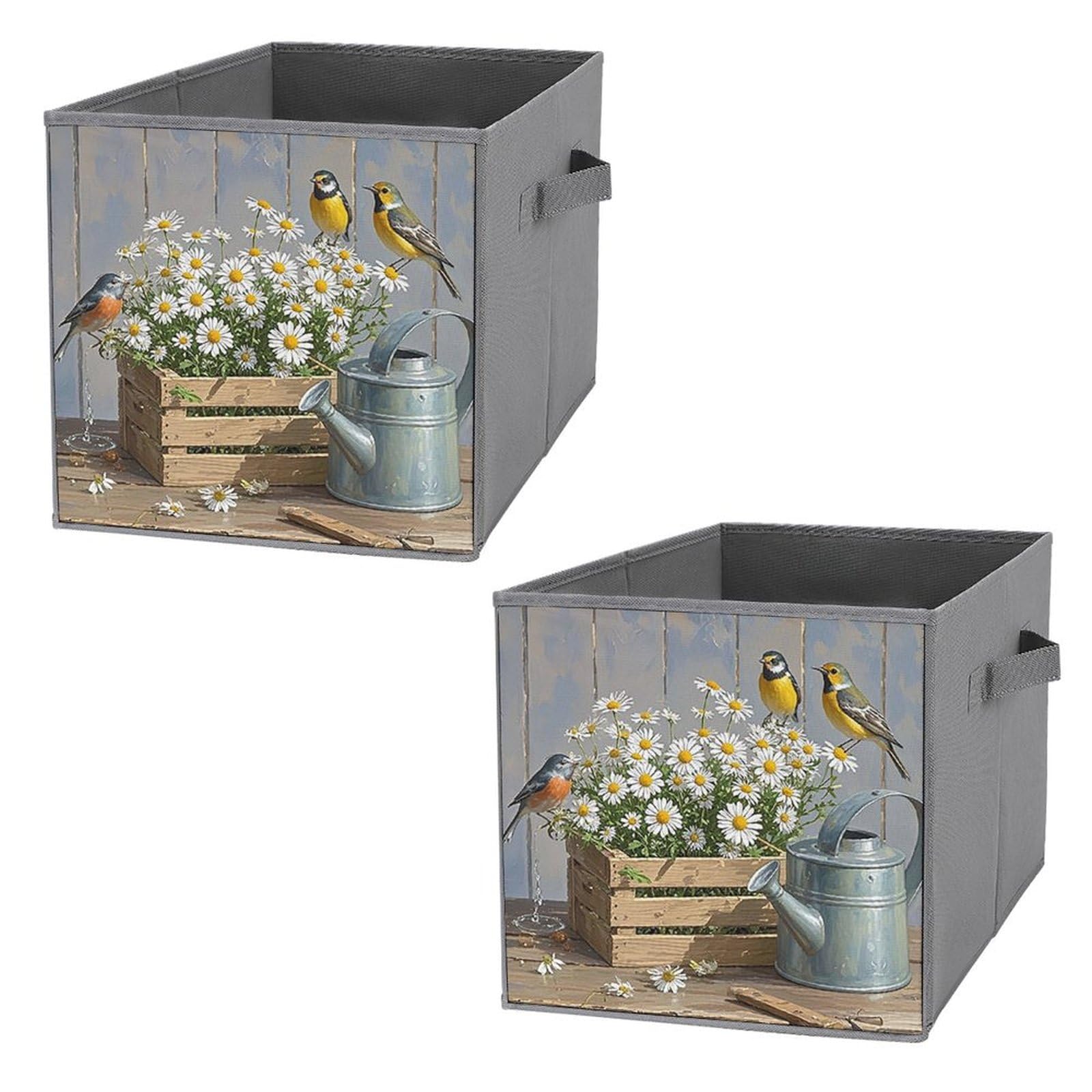 2PCS Foldable Storage Bins with Daisy & Bird Print - Large Capacity Storage Boxes with Handles for Home, Office, Playroom Organization | Perfect for Toys, Books, Clothes & Household Items Storage